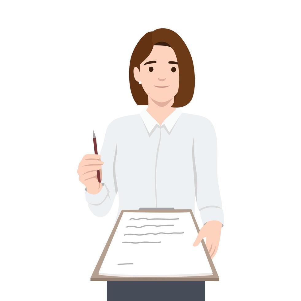 Professional woman holding a clipboard and a pen, asking for an autograph. vector