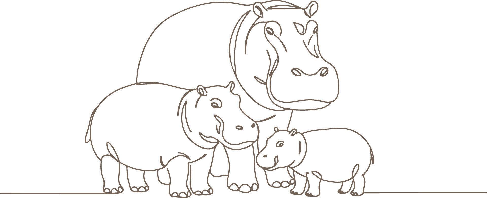 Minimalist one-line drawing of a hippo family with mother and two baby hippos in simple continuous line art style on white background vector
