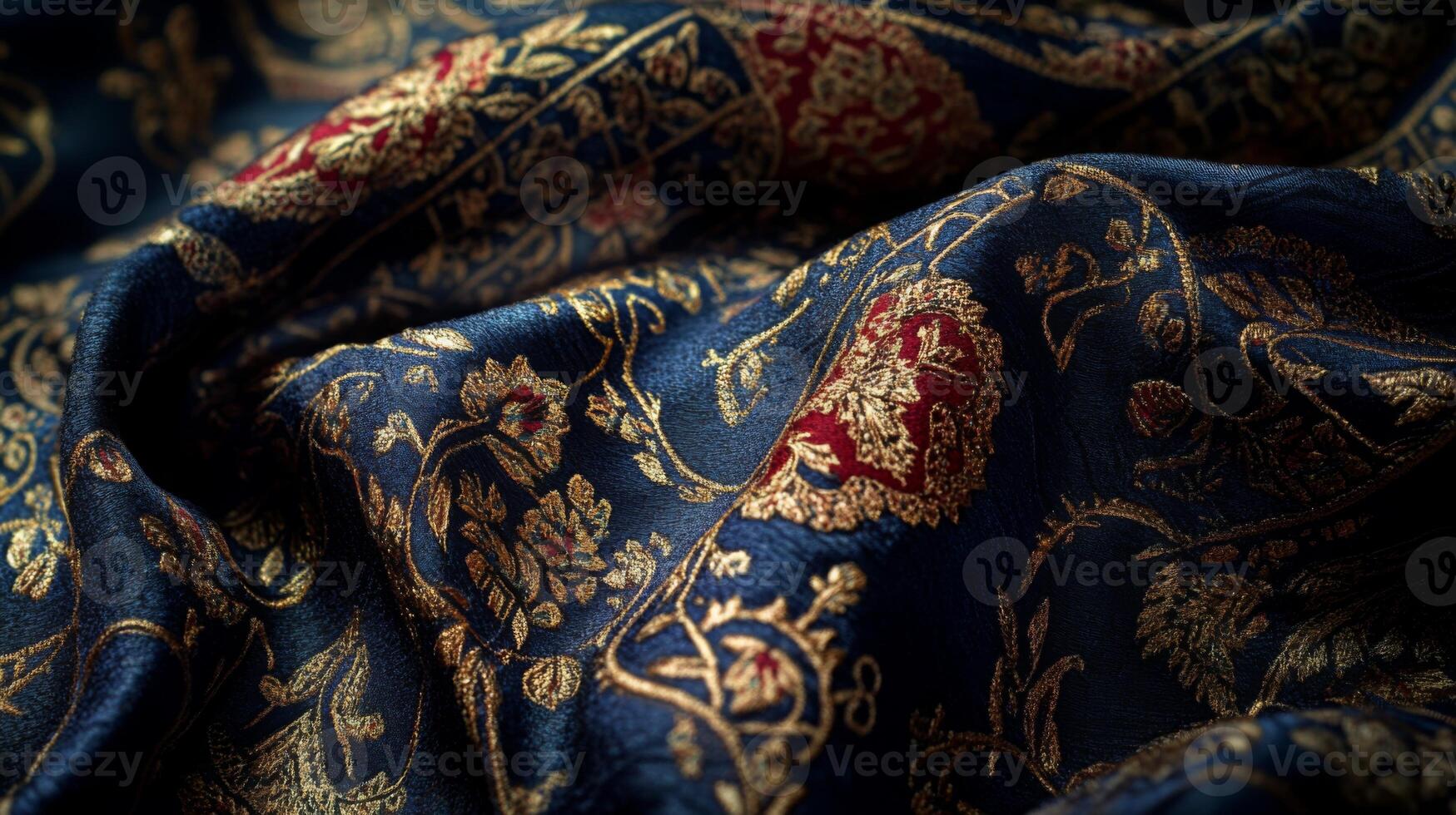 Intricate patterns on luxurious draped fabric evoke opulence with botanical motifs woven in gold photo