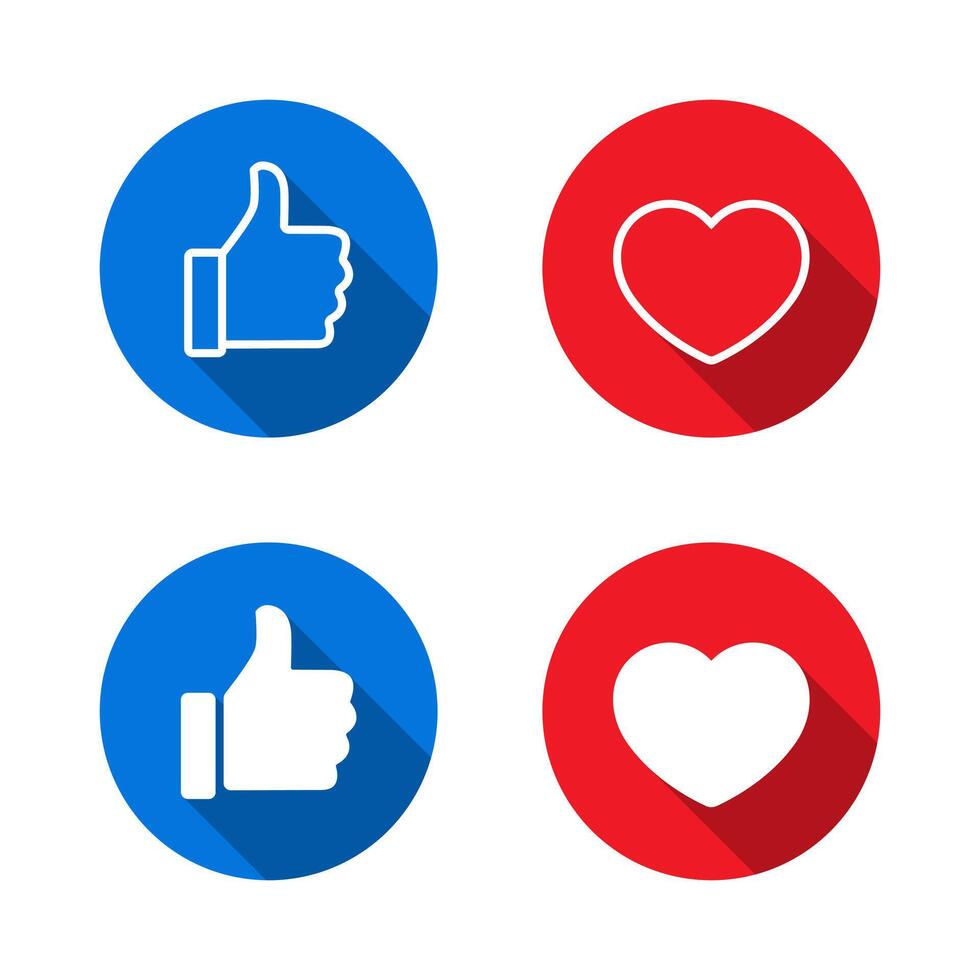 Like and love icon with long shadow. Thumb up and heart sign symbol vector