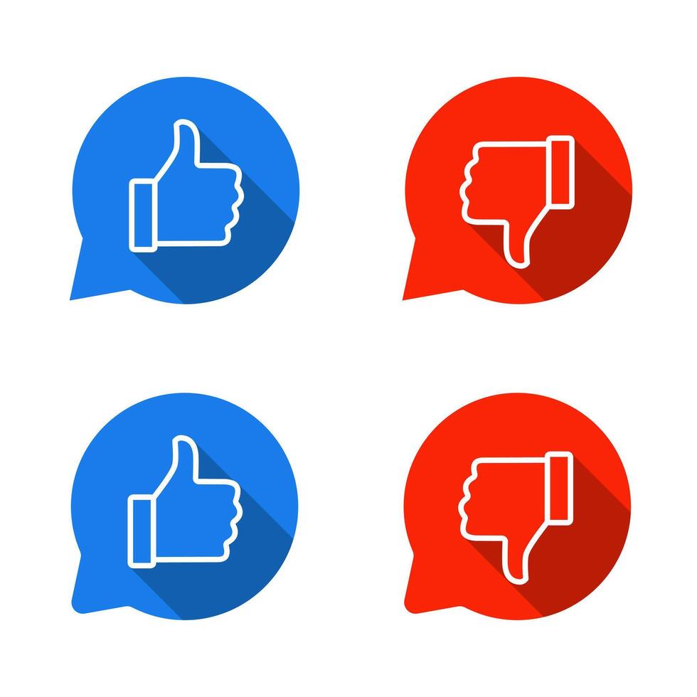 Like and dislike hand outline icon on speech bubble. Thumb up and down symbol with long shadow vector