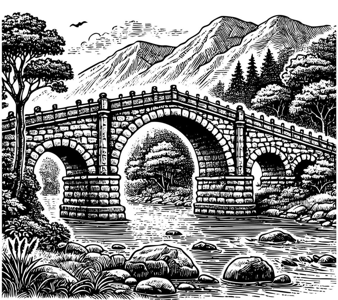 Stone bridge sketch engraving black and white outline. Scratch board imitation. vector