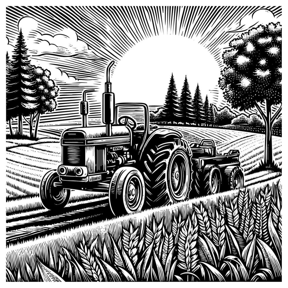 Tractor on farm field engraving black and white outline. Scratch board imitation. illustrated in vintage line art style on a white background. vector