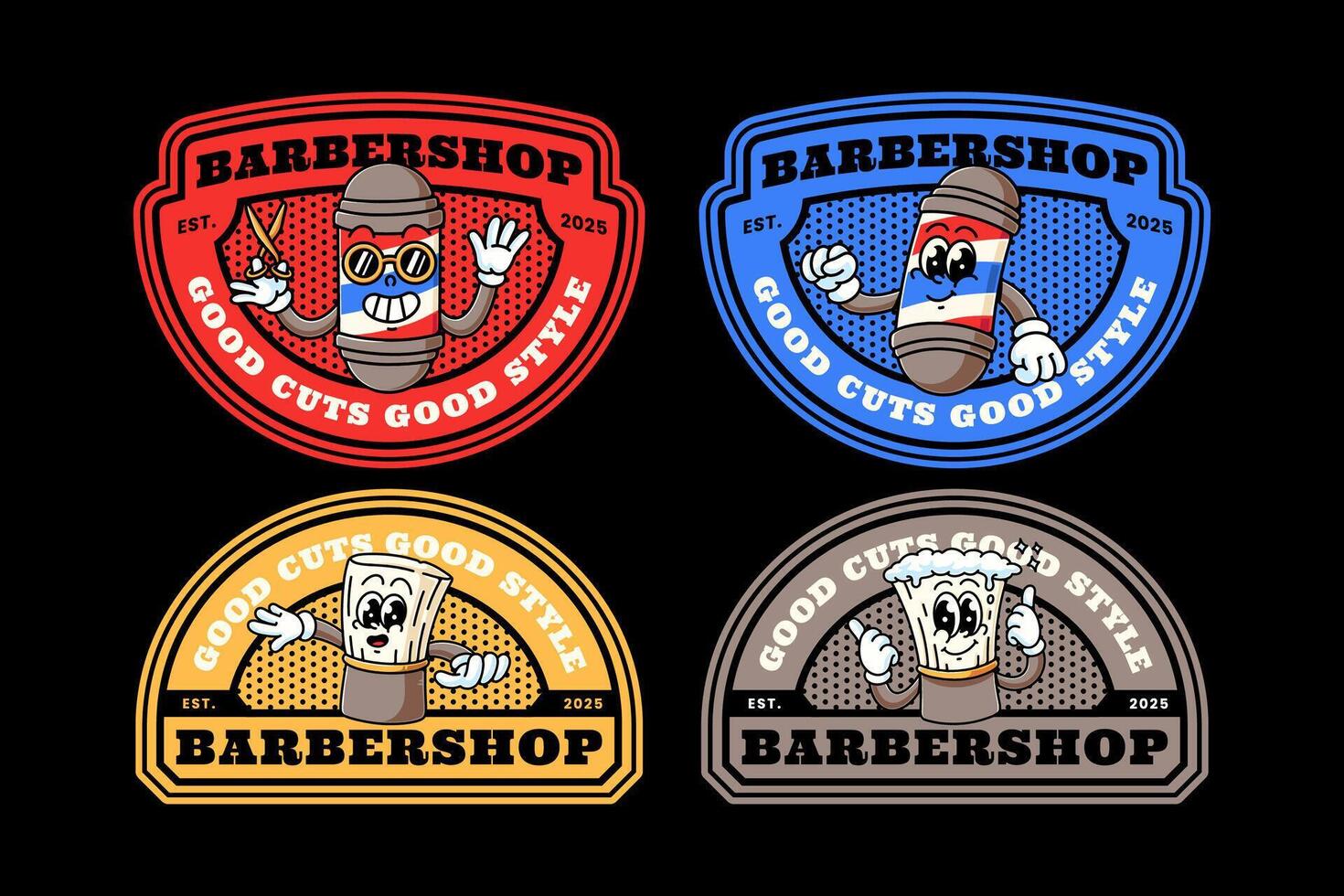 barber brush with foam and lamp pole cartoon logo design collection for barbershop. barber pole lamp and shaving brush emblem logo set. barbershop kit cartoon badge logo illustration bundle vector
