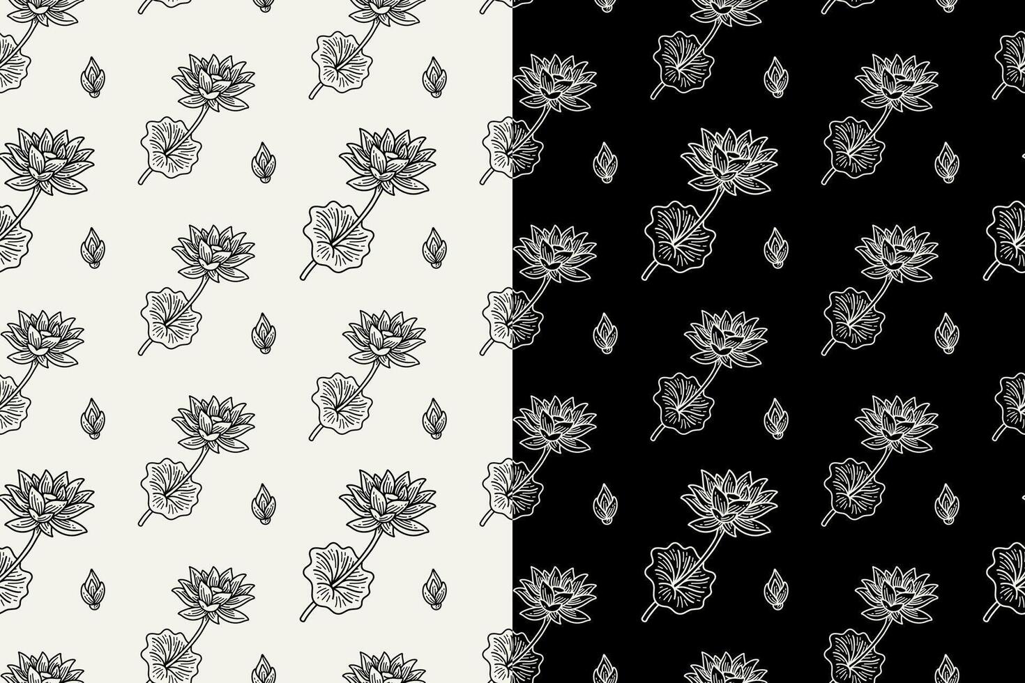 lotus petals with leaves doodle seamless pattern on black white background set. lotus flower petal engraving pattern background. retro lotus flower with leaves background for florist merchandise vector