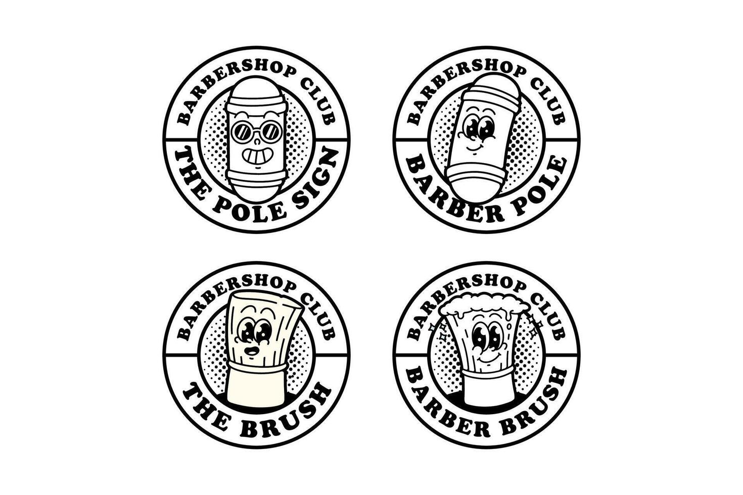 barber brush with foam and lamp pole outline line art logo design collection for barbershop. barber pole lamp and shaving brush emblem logo set. barbershop kit cartoon badge logo illustration bundle vector