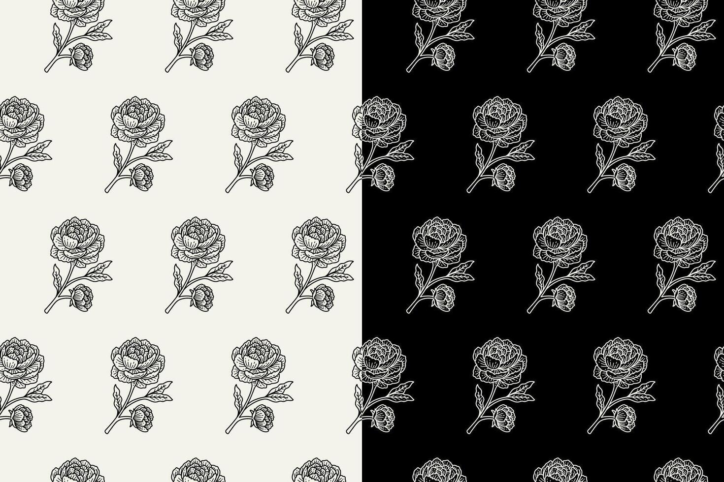 sprig of peony flower doodle seamless pattern on black white background set. stem of peonies engraving pattern background. retro peony flower sprigs background for florist decor and merchandise vector