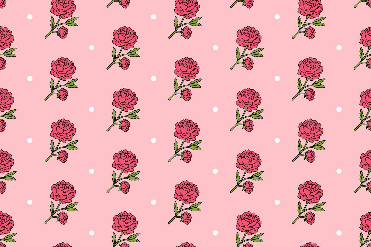 peony sprig flower with dot colorful seamless pattern on pink background. stem of peony doodle illustration pattern background. peony flower sprigs background for florist decor and merchandise vector