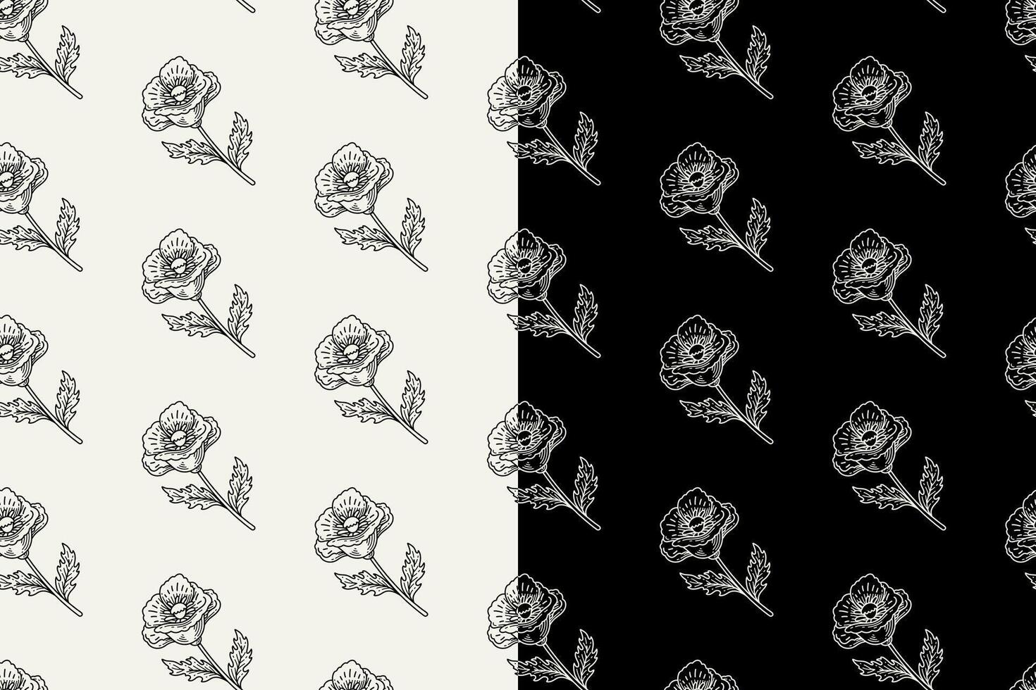 sprig of poppy flower doodle seamless pattern on black white background set. stem of poppies engraving pattern background. retro poppy flower sprigs background for florist decor and merchandise vector