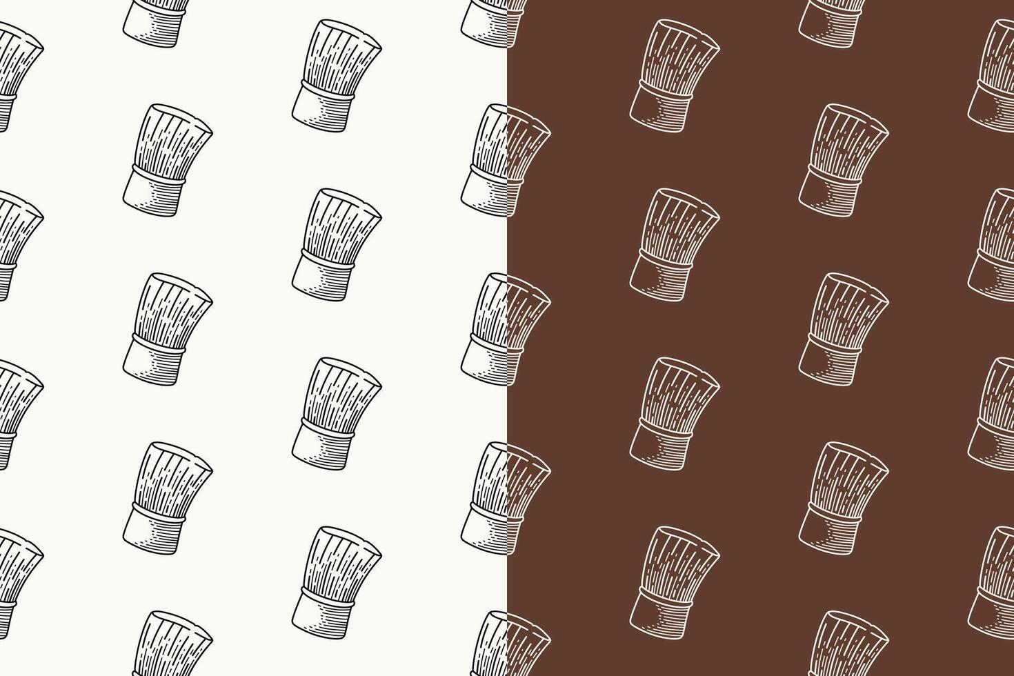 barber shaving brush doodle seamless pattern on brown white background set. barber brush equipment engraving pattern background. retro brush shaver kit background for barbershop merchandise vector