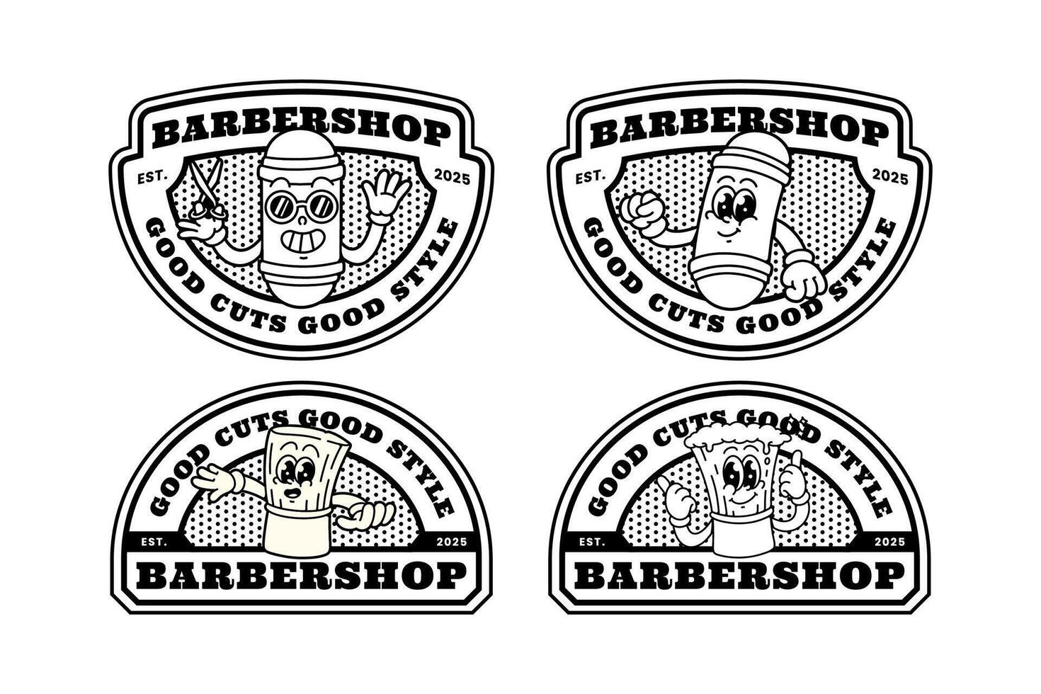 barber pole lamp and shaving brush cartoon logo design collection for barbershop. barber brush with foam and lamp pole emblem logo set. barbershop instrument cartoon badge logo illustration bundle vector