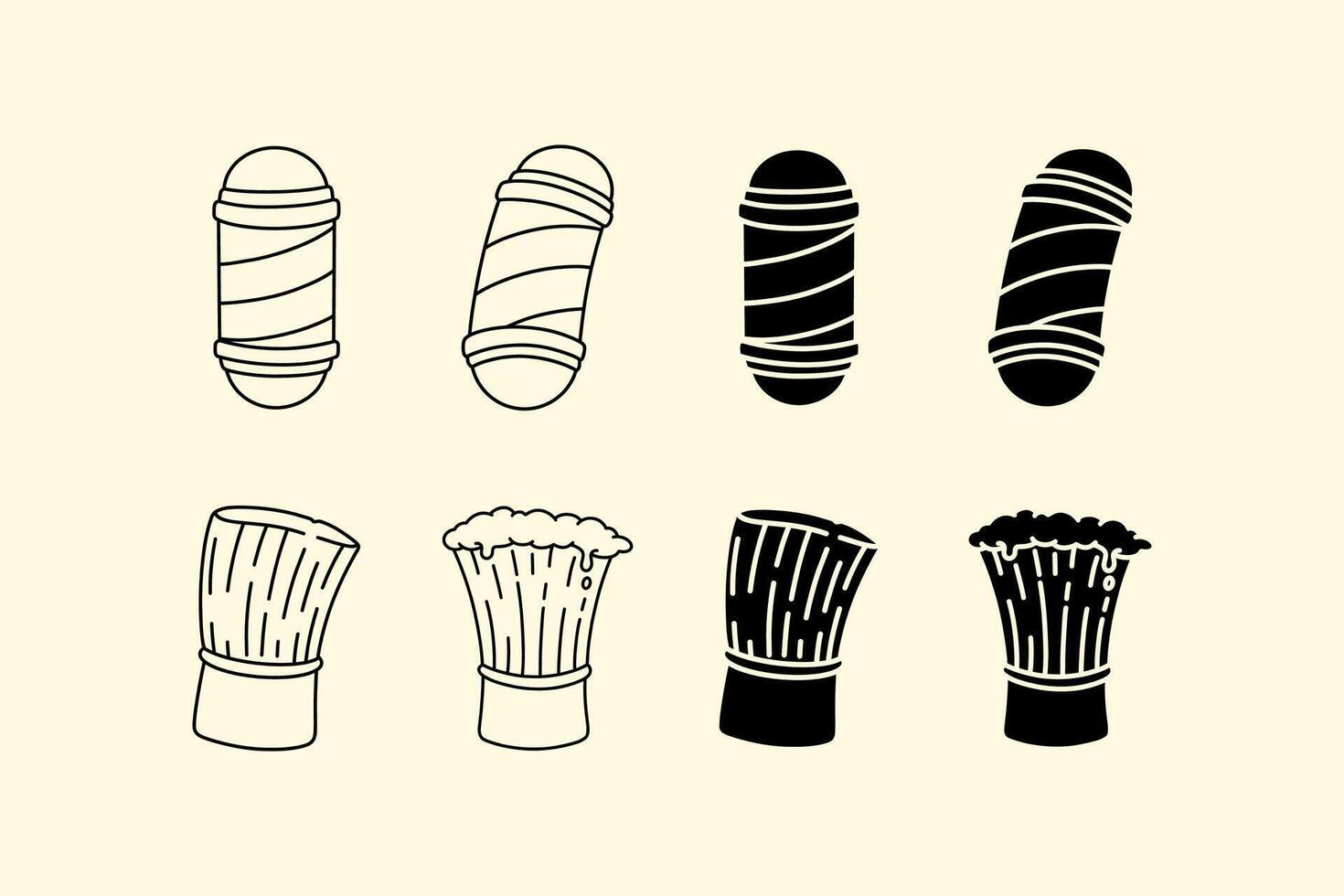set of barbershop pole lamp and shaving brush line art, filled style . outline of barber brush with foam and lamp pole signage illustration collection. element design of barbershop instrument vector