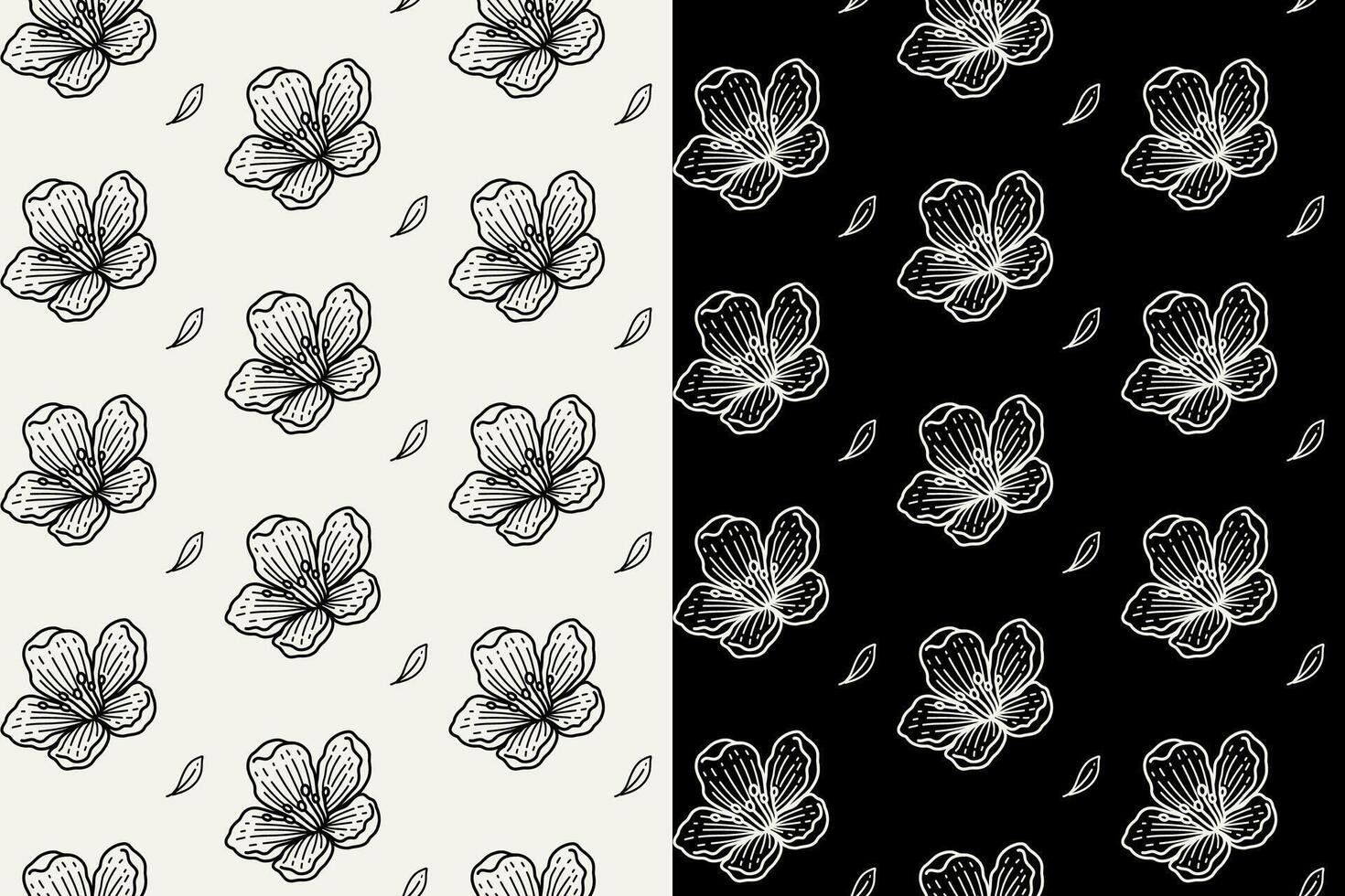 cherry blossom with leaves doodle seamless pattern on black white background set. cherry blossom flower engraving pattern background. cherry blossom flower and leaf background for florist merchandise vector