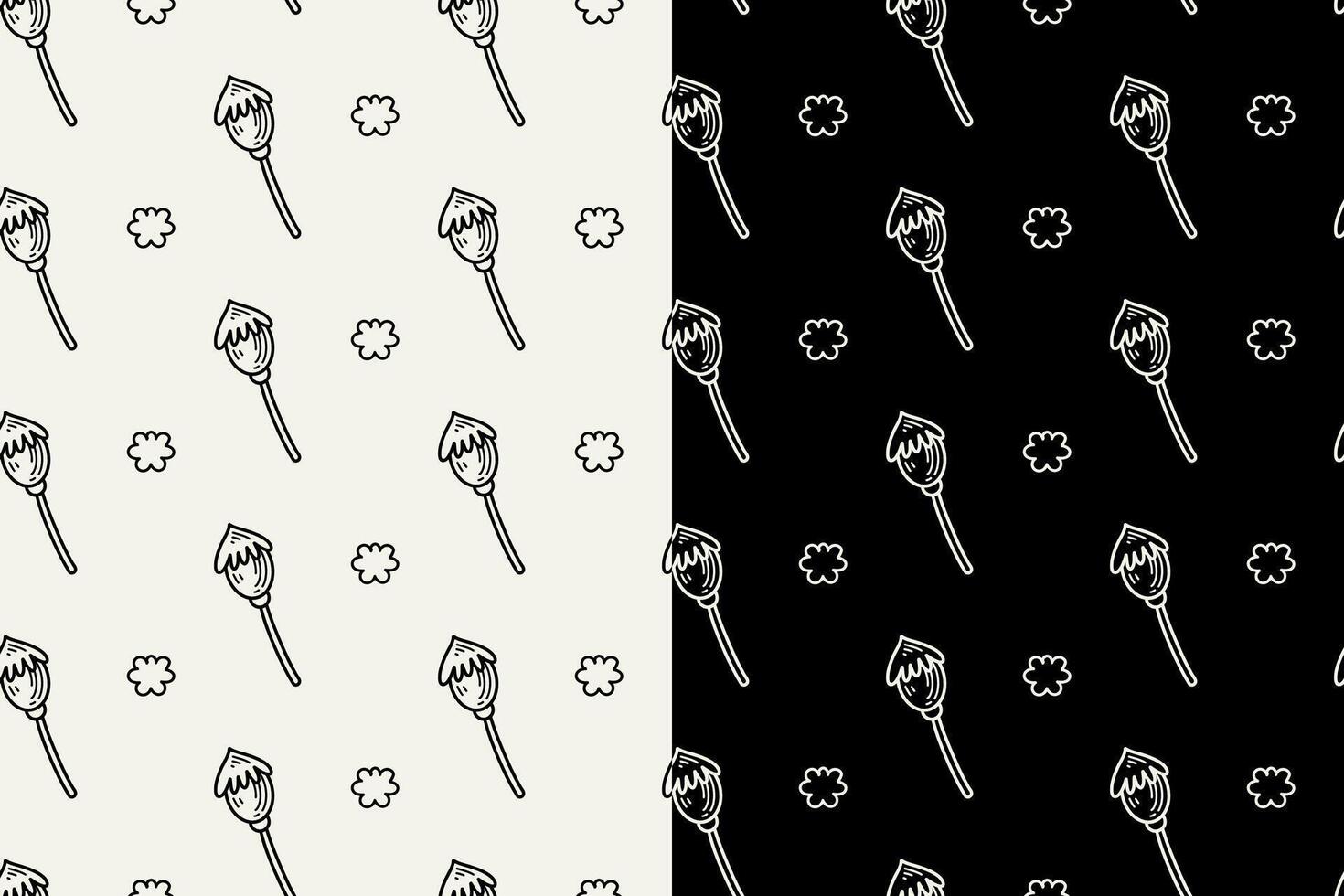 poppy buds with flower doodle seamless pattern on black white background set. poppies burgeon flower engraving pattern background. retro poppy flower buds background for florist decor and merchandise vector