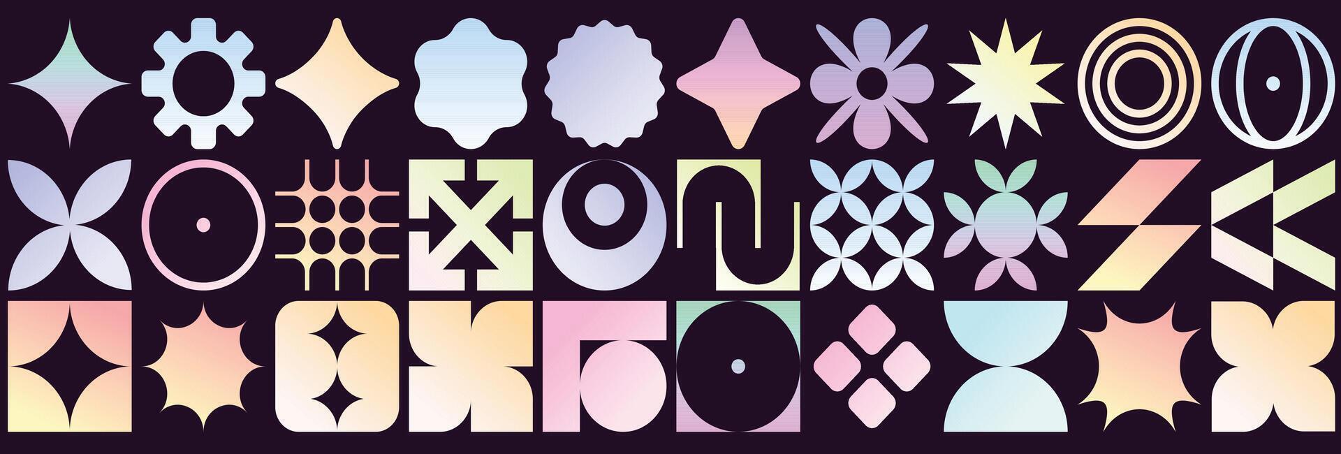 Brutalist shapes for swiss minimal style design. Constructor gradient geometric postmodern primitive figures. illustration of brutalist contemporary star, oval, flower, line and forms vector