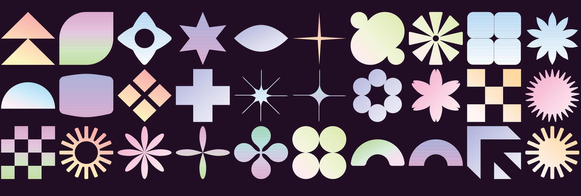 Set of Brutalist abstract geometric shapes and grids. Brutal contemporary gradient figure star, oval spiral flower, and other primitive elements. Bauhaus vector