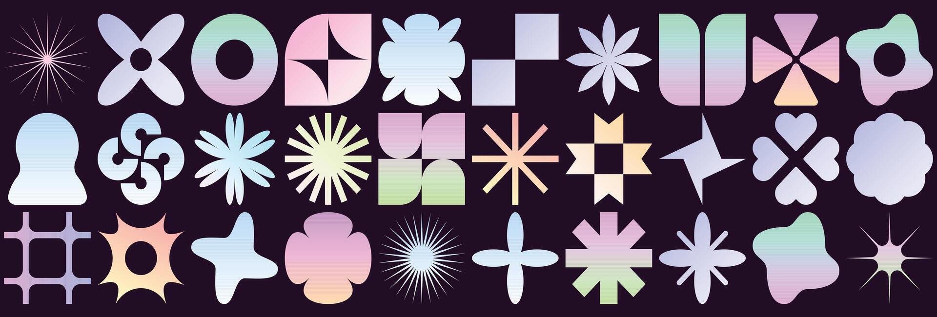 set of brutalist geometric shapes. gradient abstract minimalist figures, stars, flows, and circles. Modern graphic design elements vector