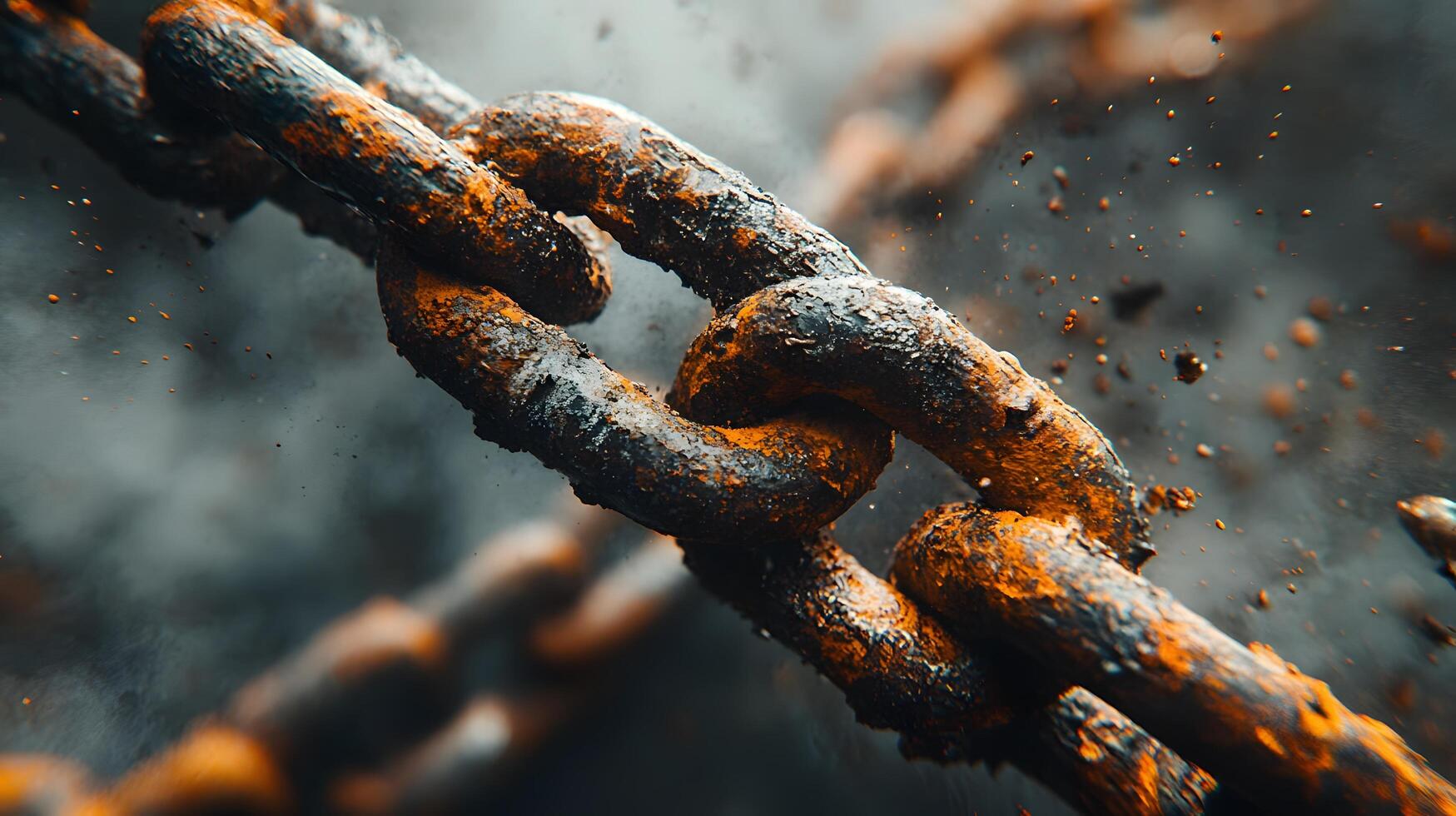 Metal chain displays broken link against bright white background, highlighting rusty iron texture and weathered details in dramatic macro photography. split photo