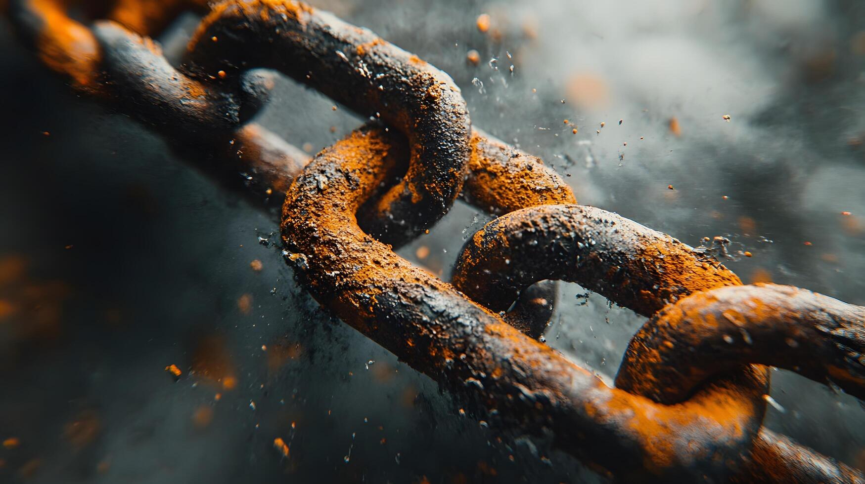 Metal chain displays broken link against bright white background, highlighting rusty iron texture and weathered details in dramatic macro photography. detached photo