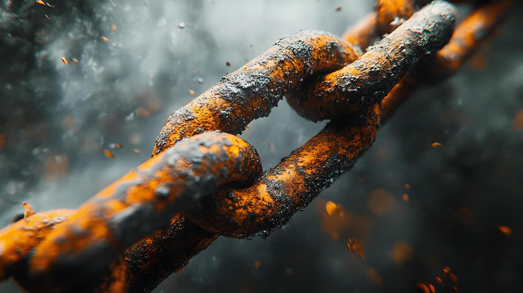 Metal chain displays broken link against bright white background, highlighting rusty iron texture and weathered details in dramatic macro photography. disjointed photo