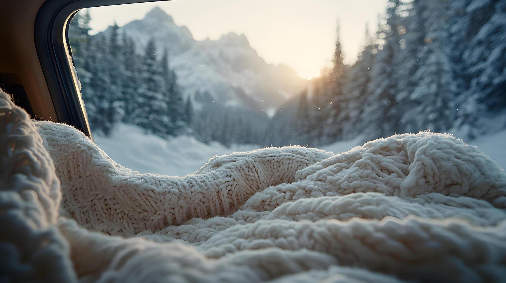 Pristine white blanket inside car frames snowy mountain vista through window, contrasting warm interior with winter pine forest and misty peak landscape. mountains photo