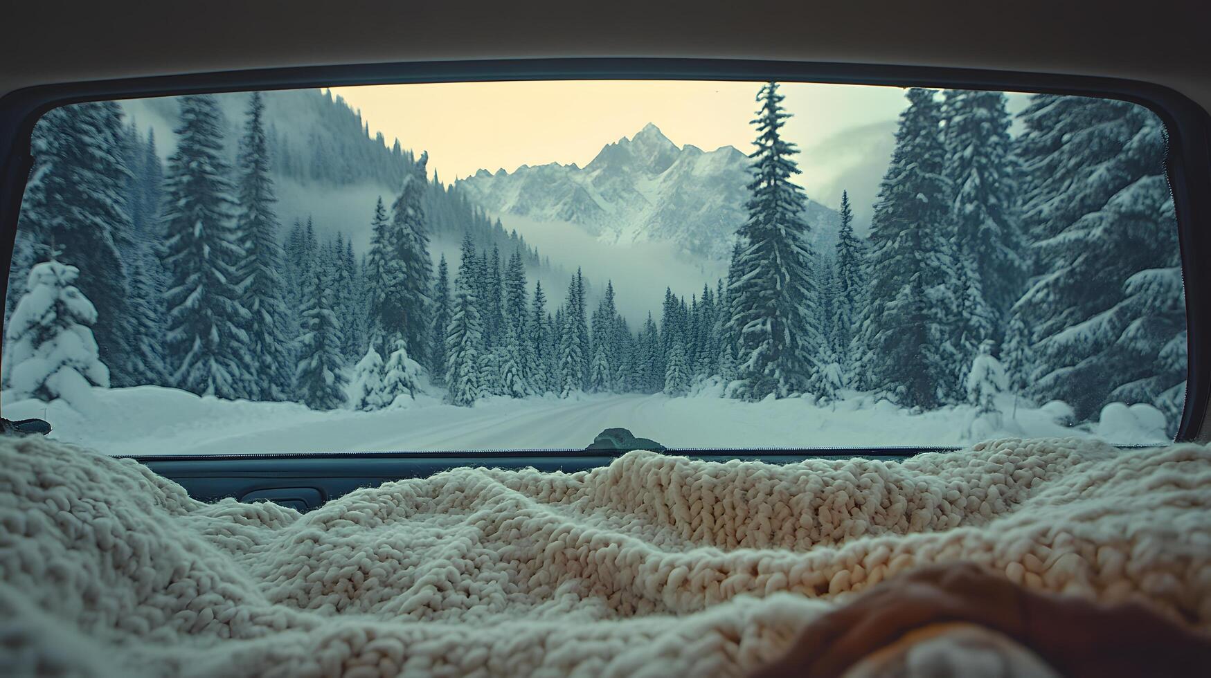 Pristine white blanket inside car frames snowy mountain vista through window, contrasting warm interior with winter pine forest and misty peak landscape. winter photo