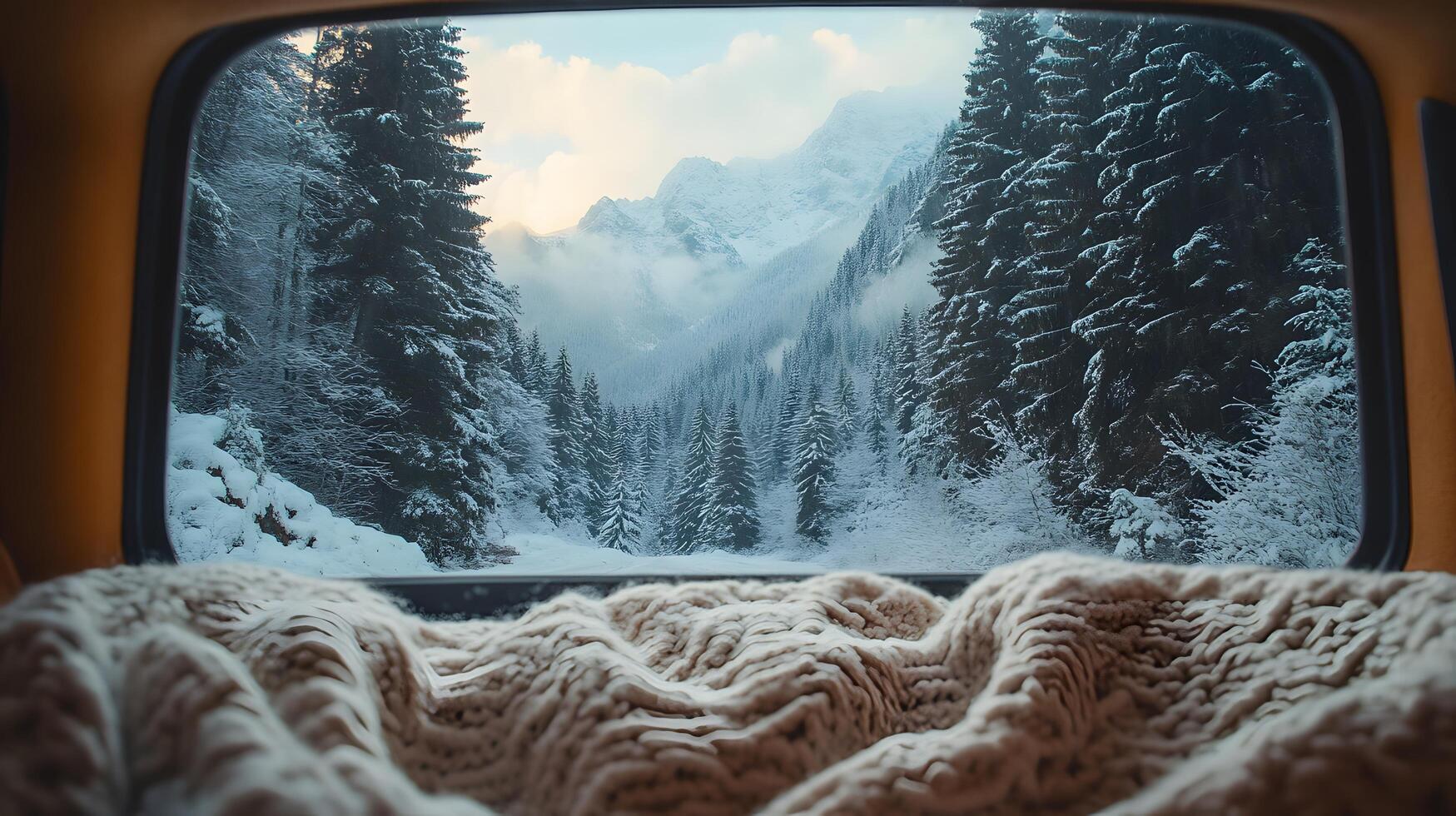 Pristine white blanket inside car frames snowy mountain vista through window, contrasting warm interior with winter pine forest and misty peak landscape. pine photo