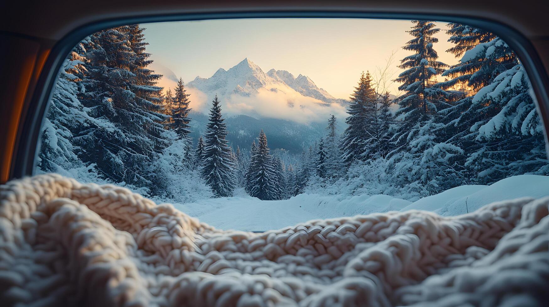 Pristine white blanket inside car frames snowy mountain vista through window, contrasting warm interior with winter pine forest and misty peak landscape. car photo
