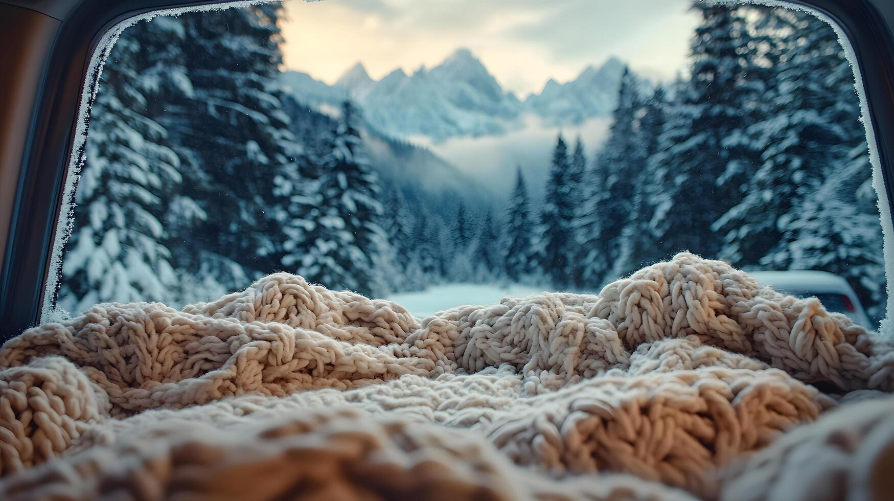 Pristine white blanket inside car frames snowy mountain vista through window, contrasting warm interior with winter pine forest and misty peak landscape. snow photo