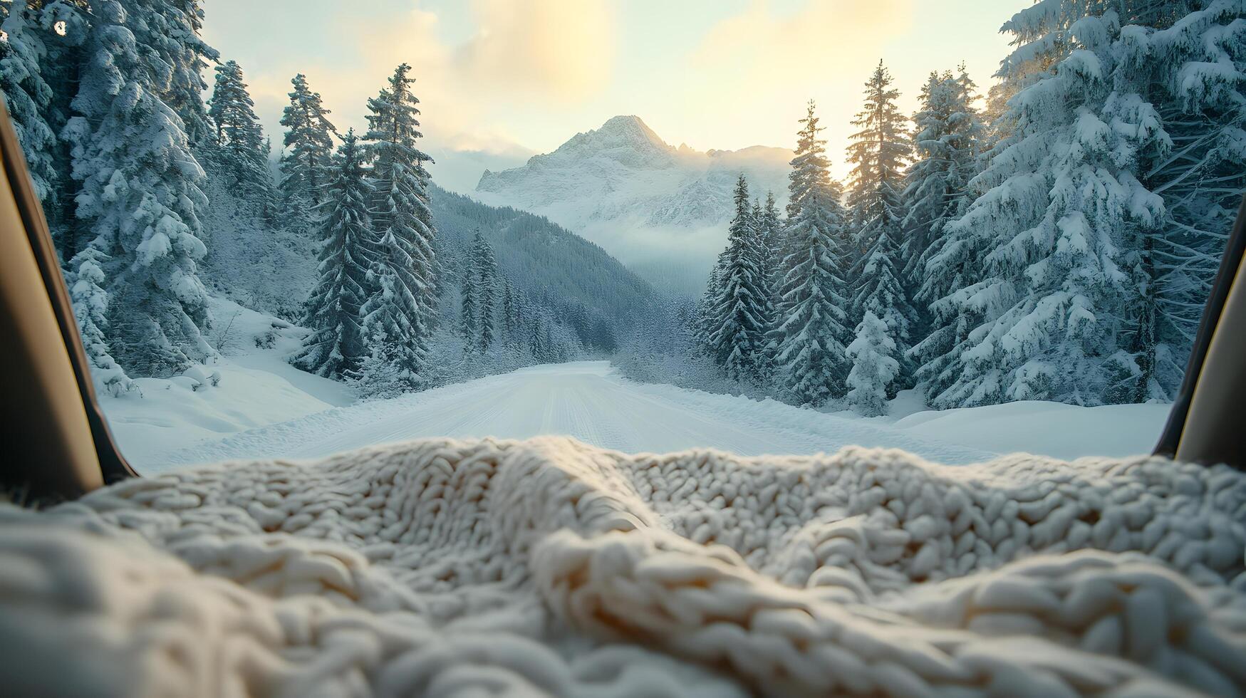 Pristine white blanket inside car frames snowy mountain vista through window, contrasting warm interior with winter pine forest and misty peak landscape. blanket photo