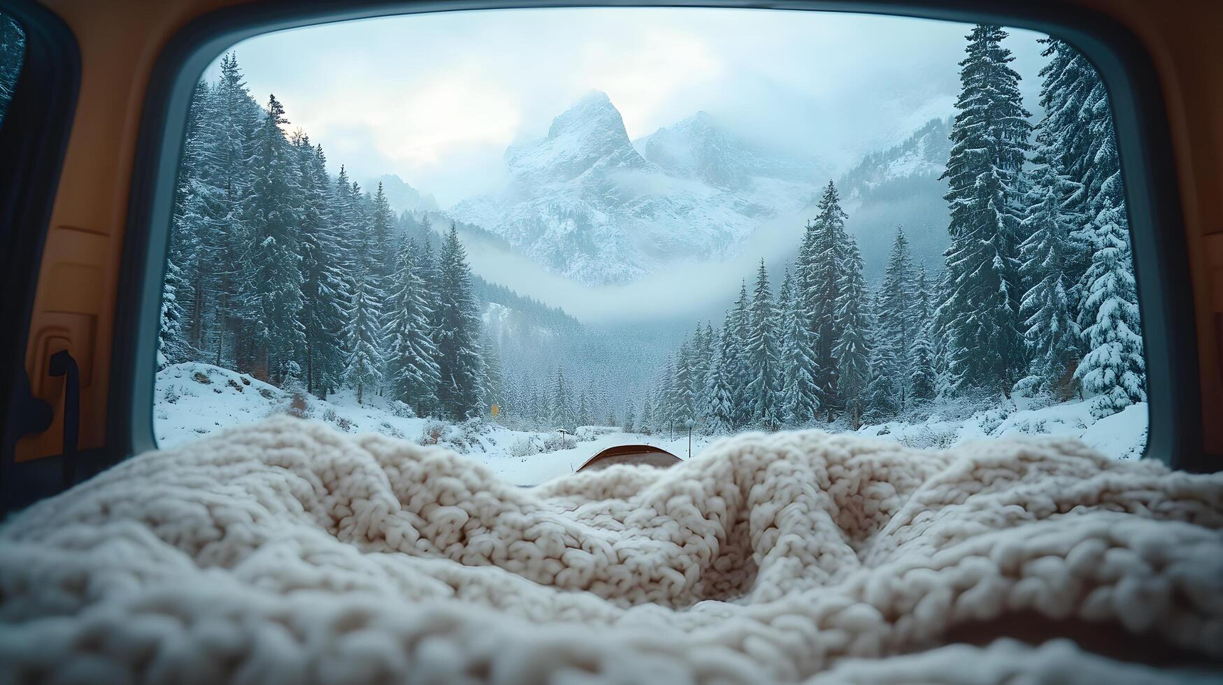 Pristine white blanket inside car frames snowy mountain vista through window, contrasting warm interior with winter pine forest and misty peak landscape. forest photo