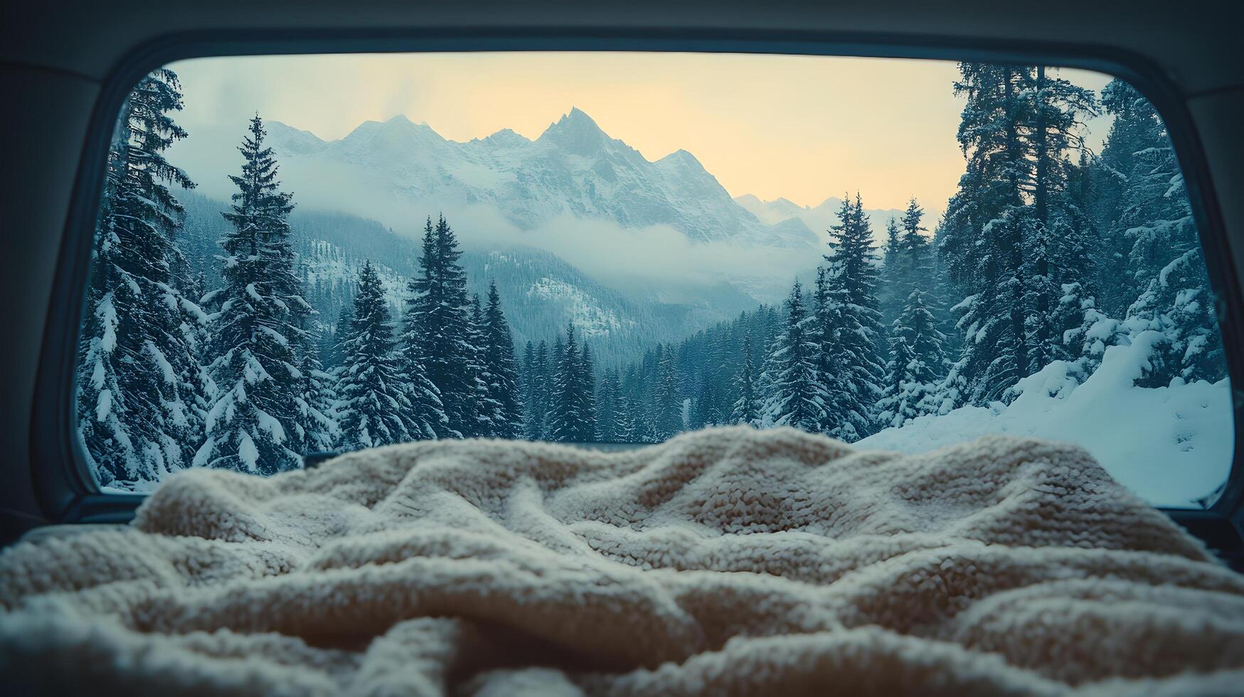 Pristine white blanket inside car frames snowy mountain vista through window, contrasting warm interior with winter pine forest and misty peak landscape. morning photo