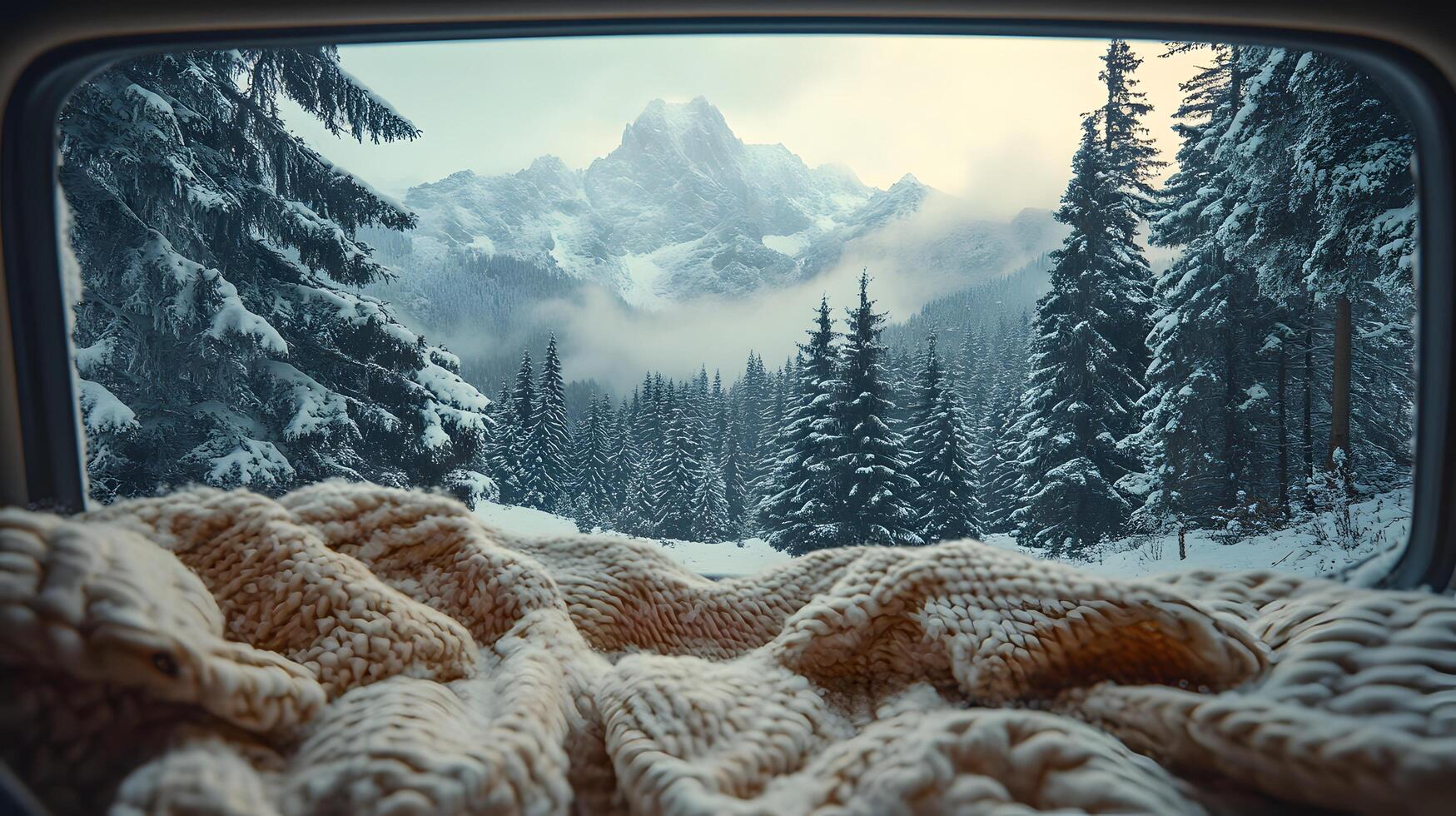 Pristine white blanket inside car frames snowy mountain vista through window, contrasting warm interior with winter pine forest and misty peak landscape. peaks photo