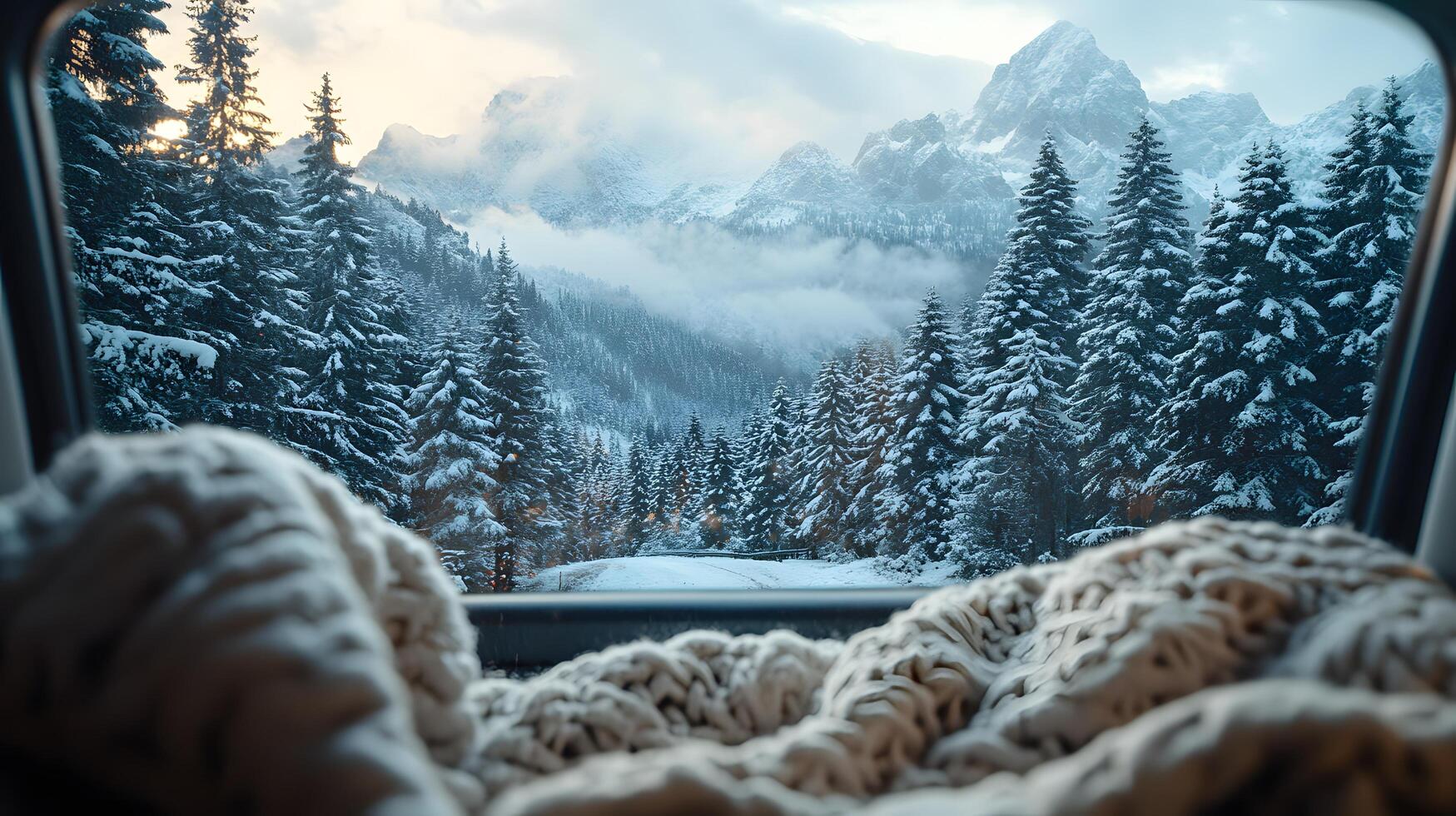 Pristine white blanket inside car frames snowy mountain vista through window, contrasting warm interior with winter pine forest and misty peak landscape. interior photo