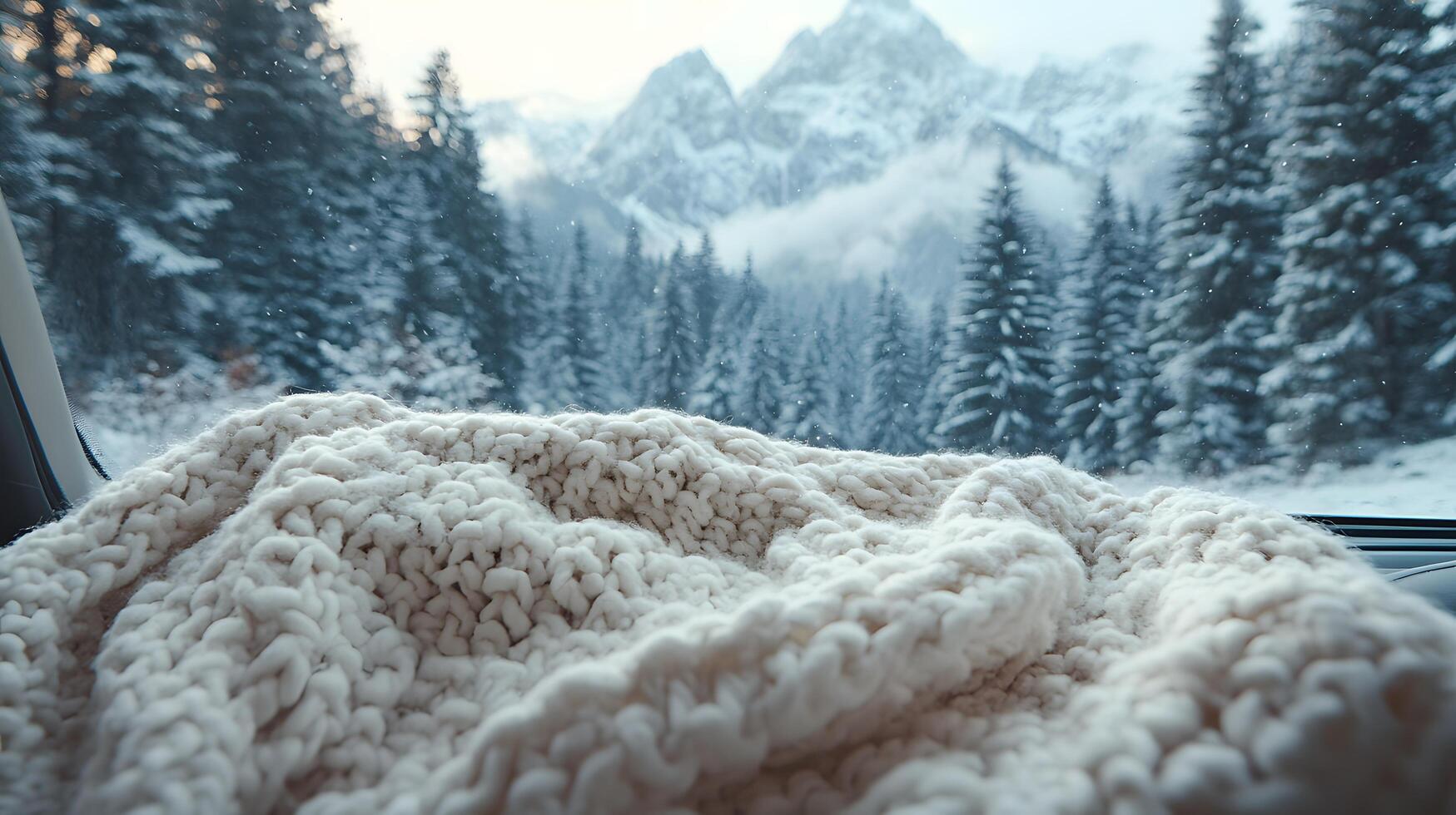 Pristine white blanket inside car frames snowy mountain vista through window, contrasting warm interior with winter pine forest and misty peak landscape. cozy photo