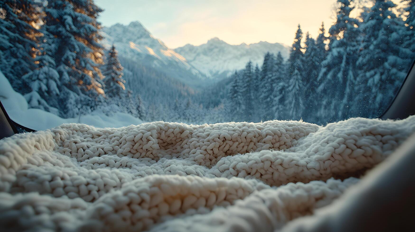 Pristine white blanket inside car frames snowy mountain vista through window, contrasting warm interior with winter pine forest and misty peak landscape. exterior photo