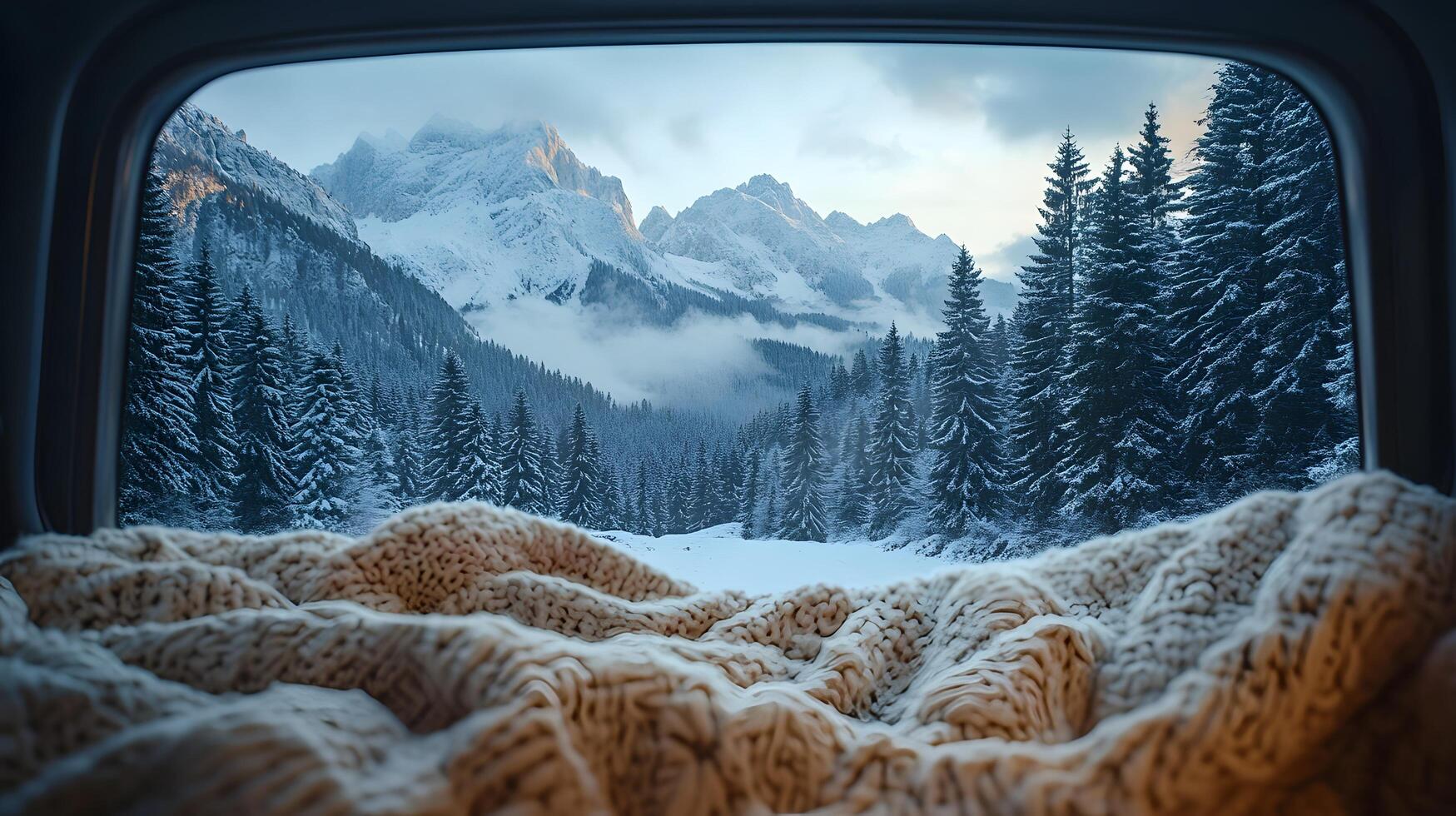 Pristine white blanket inside car frames snowy mountain vista through window, contrasting warm interior with winter pine forest and misty peak landscape. serene photo