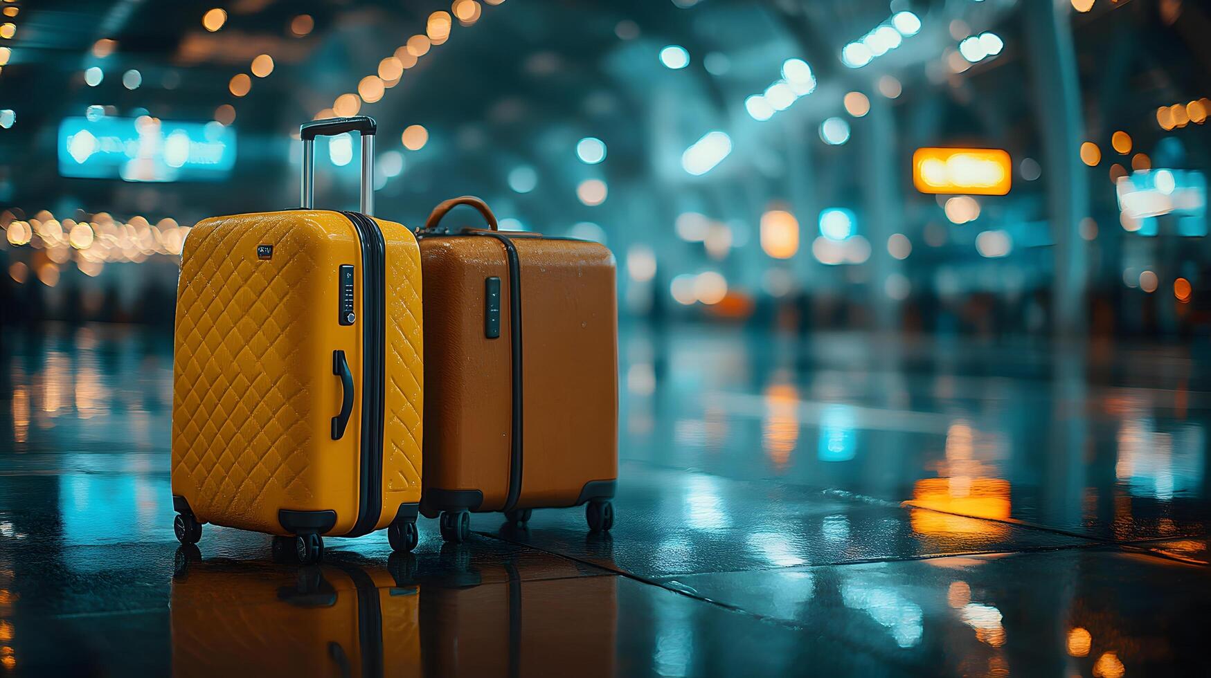 Luxury yellow and brown luggage set displayed in airport terminal setting, enhanced by golden hour lighting and reflective surfaces creating a sophisticated travel atmosphere. bokeh photo