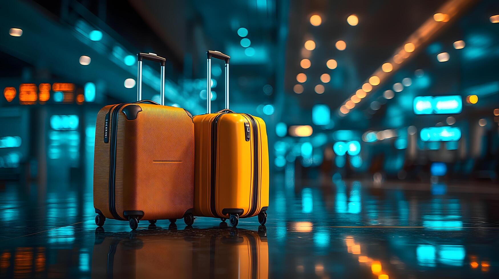 Luxury yellow and brown luggage set displayed in airport terminal setting, enhanced by golden hour lighting and reflective surfaces creating a sophisticated travel atmosphere. lounge photo