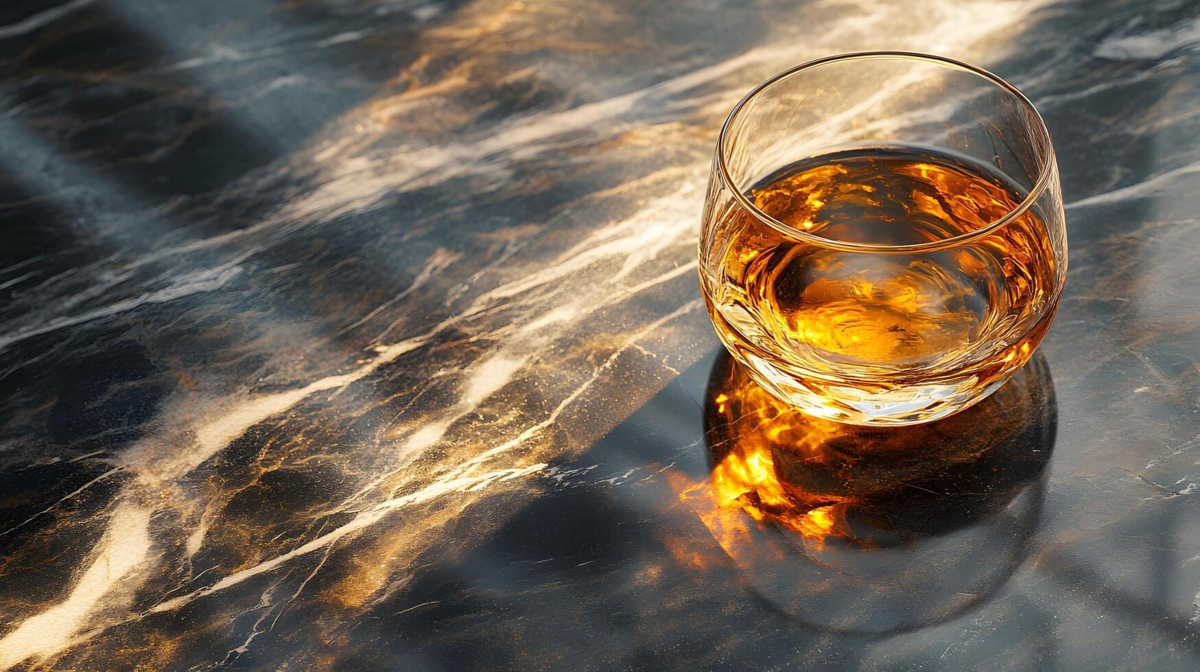 Refined whiskey glass sits atop black marble table, golden liquid catching natural sunlight with dramatic shadow play, creating luxurious drink presentation. whiskey photo