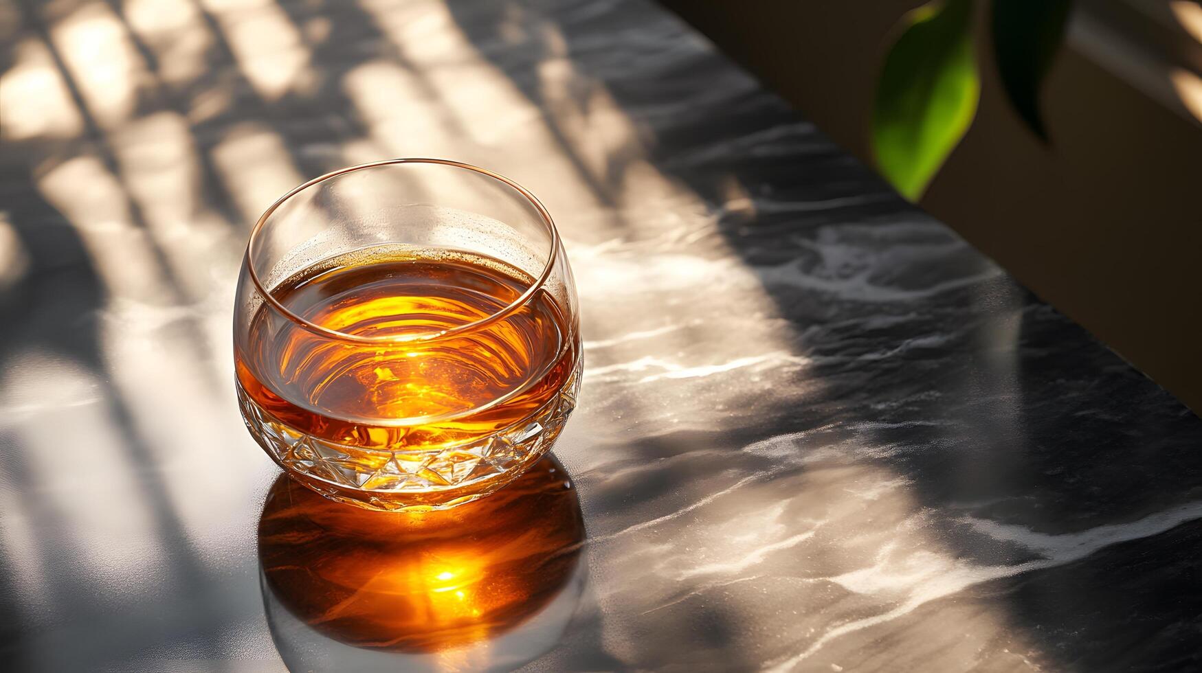 Refined whiskey glass sits atop black marble table, golden liquid catching natural sunlight with dramatic shadow play, creating luxurious drink presentation. golden photo