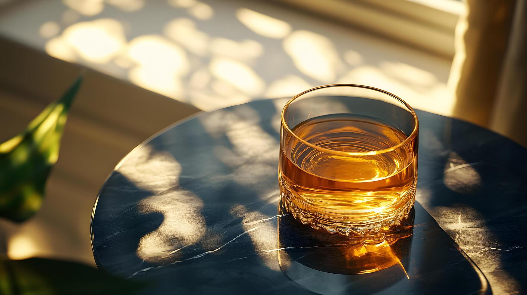 Refined whiskey glass sits atop black marble table, golden liquid catching natural sunlight with dramatic shadow play, creating luxurious drink presentation. balanced photo