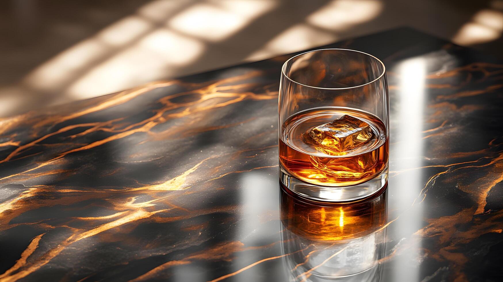 Refined whiskey glass sits atop black marble table, golden liquid catching natural sunlight with dramatic shadow play, creating luxurious drink presentation. sunlight photo