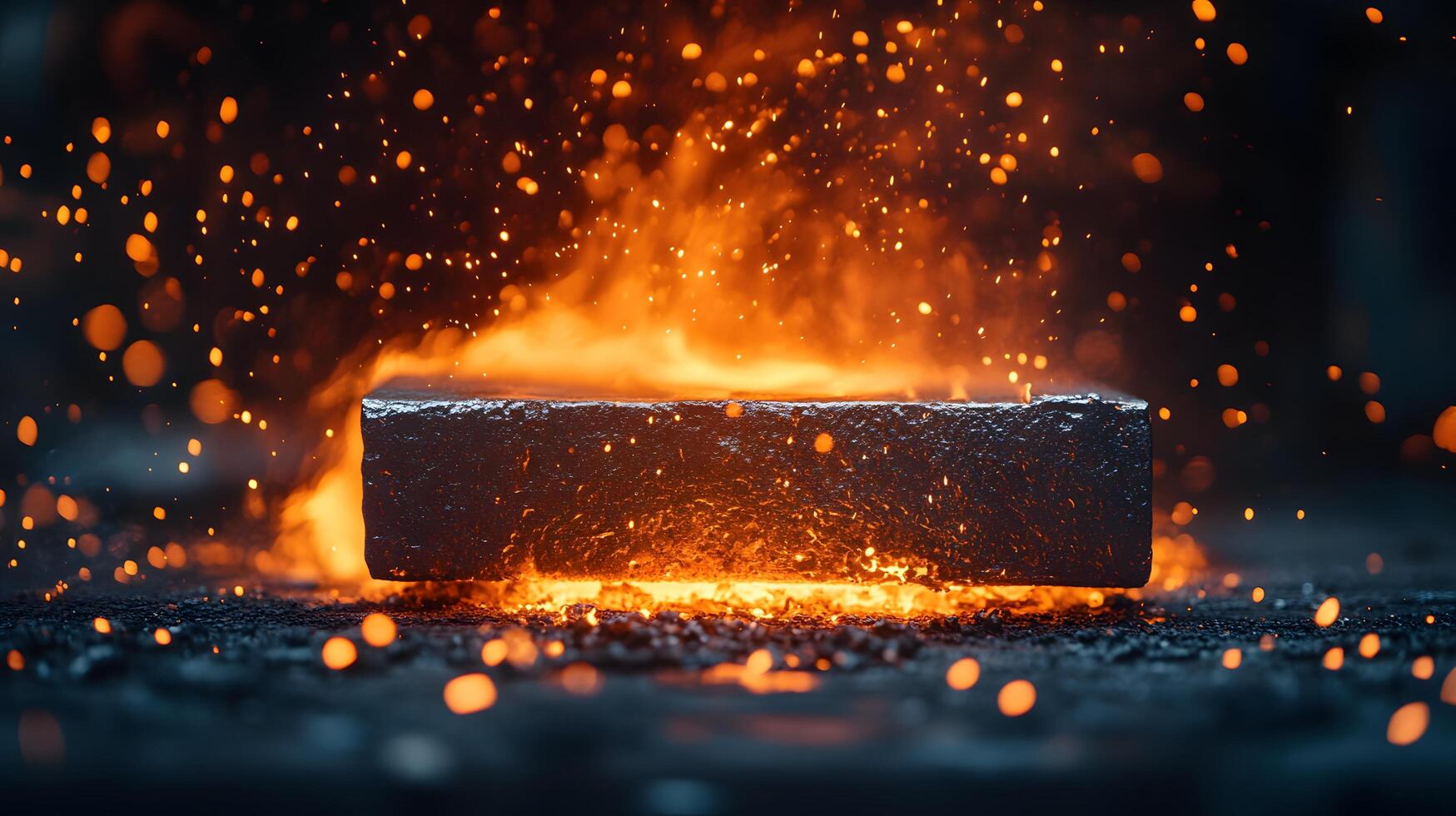 Molten steel processing showcases intense orange flames during industrial forging, capturing dramatic metalworking atmosphere in high-contrast environment. intense photo