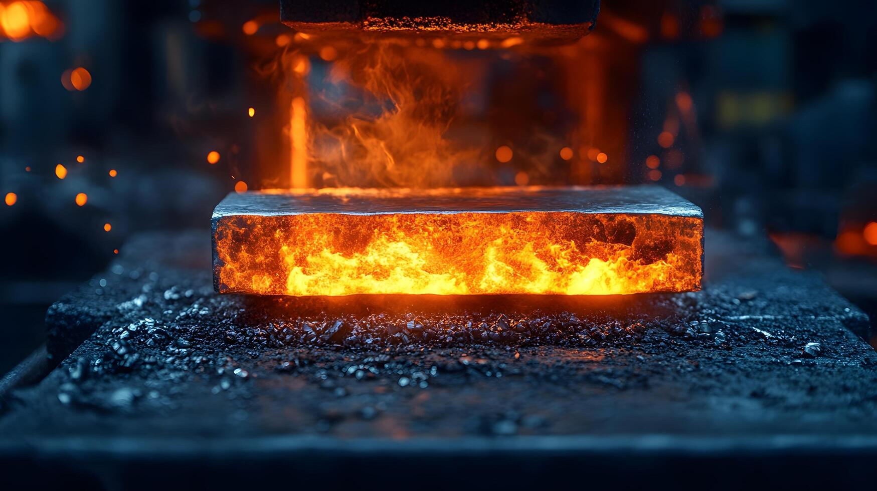 Molten steel processing showcases intense orange flames during industrial forging, capturing dramatic metalworking atmosphere in high-contrast environment. processing photo