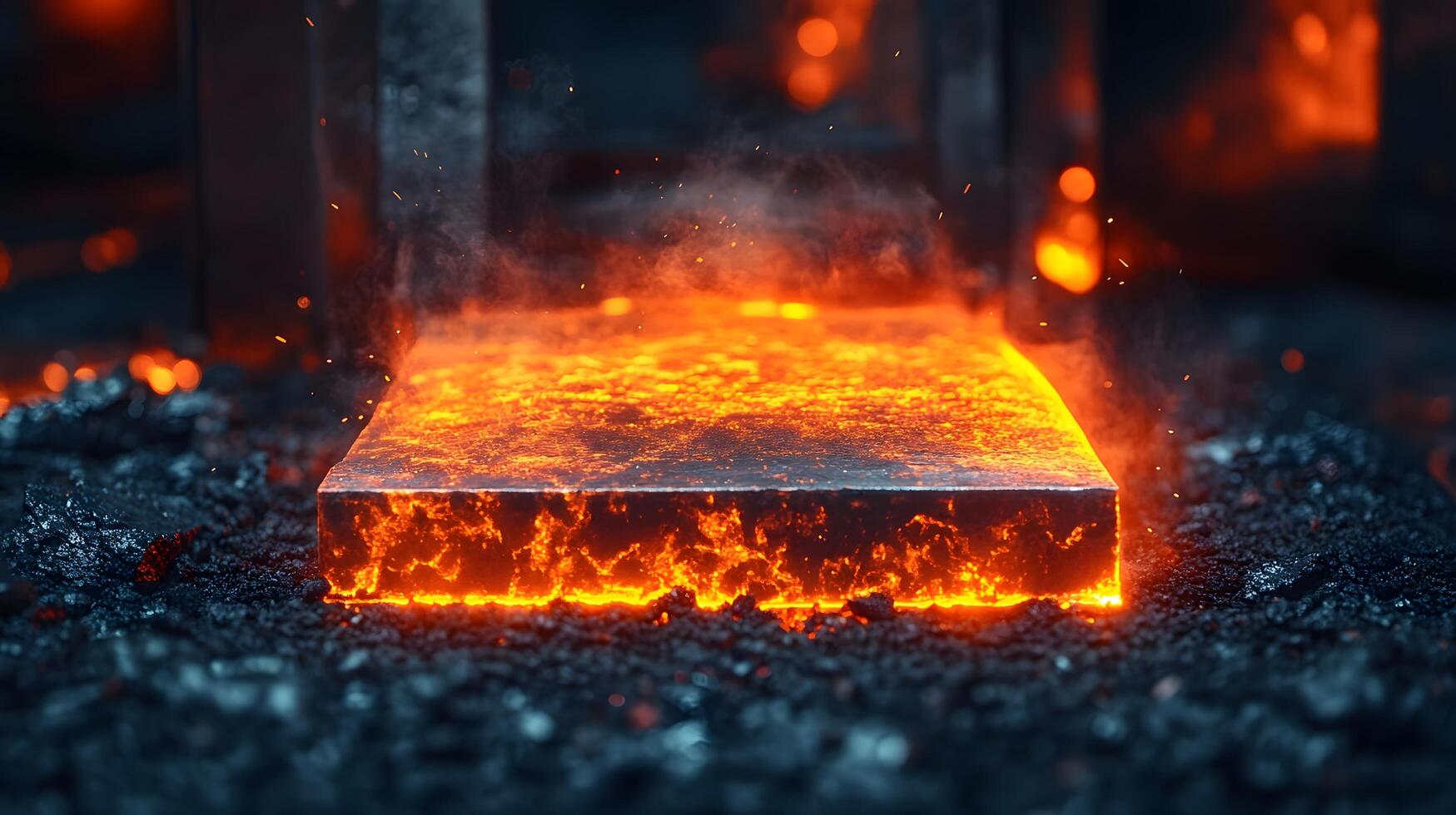 Molten steel processing showcases intense orange flames during industrial forging, capturing dramatic metalworking atmosphere in high-contrast environment. shaping photo