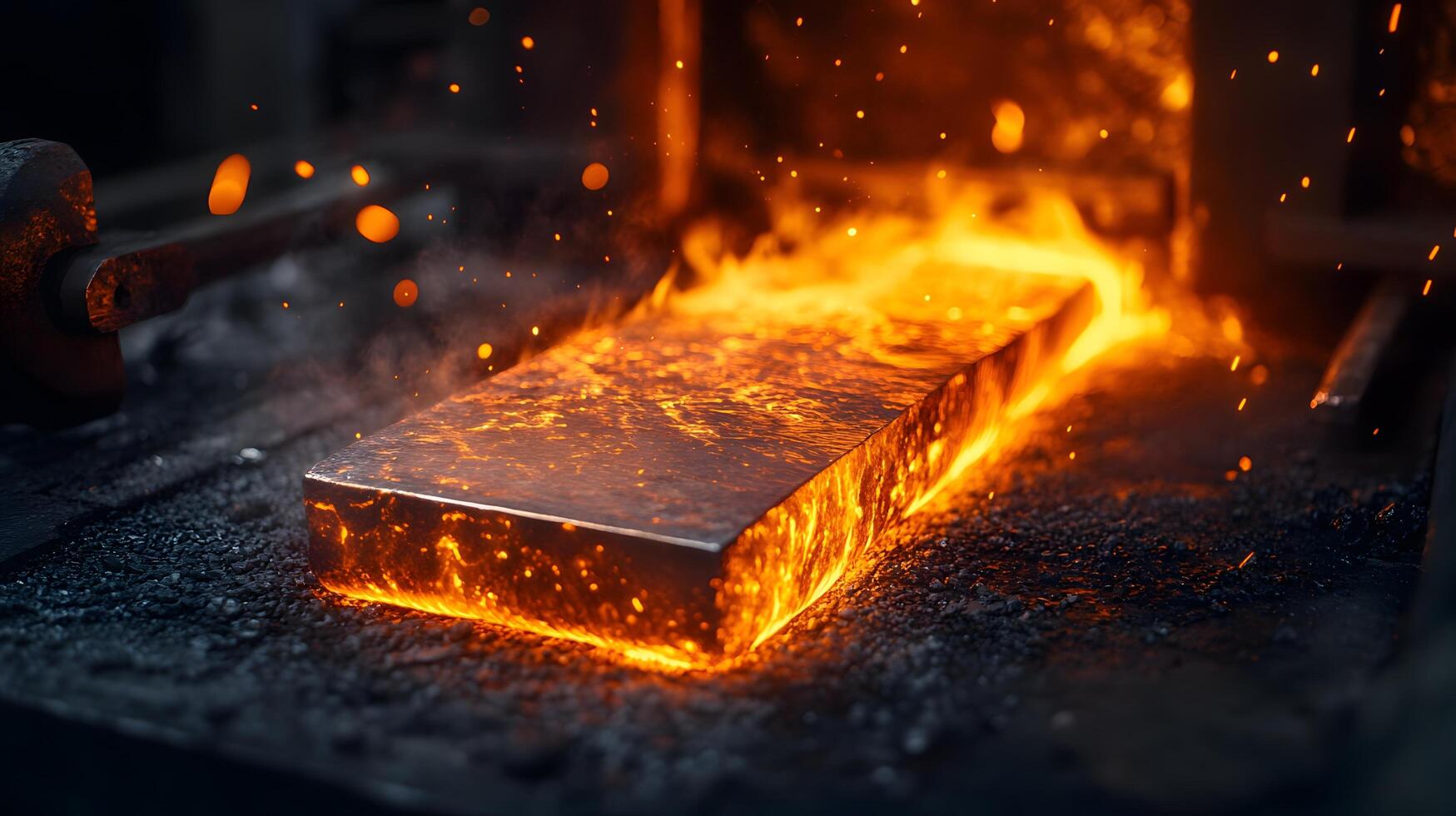 Molten steel processing showcases intense orange flames during industrial forging, capturing dramatic metalworking atmosphere in high-contrast environment. crafting photo