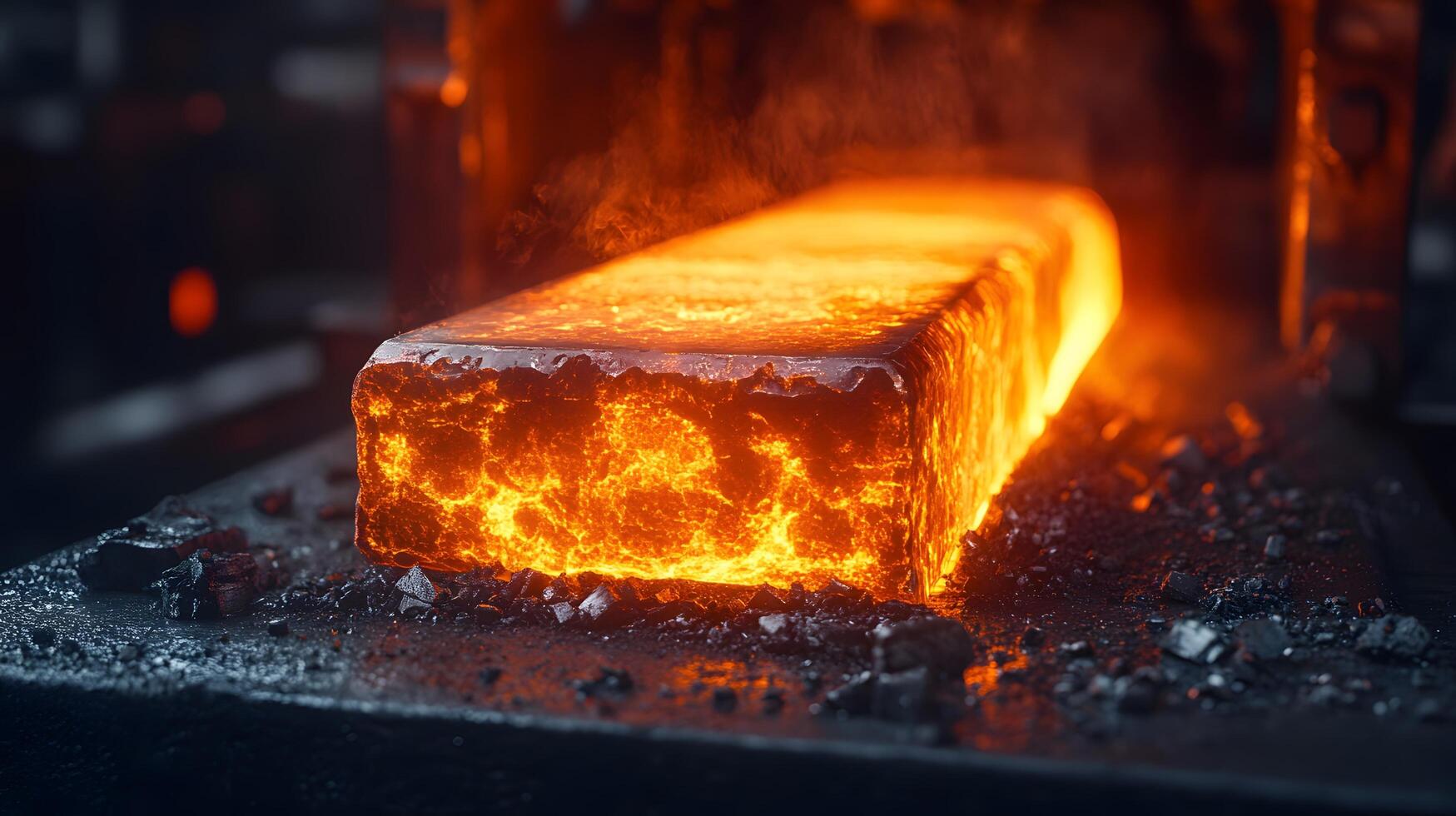 Molten steel processing showcases intense orange flames during industrial forging, capturing dramatic metalworking atmosphere in high-contrast environment. building photo