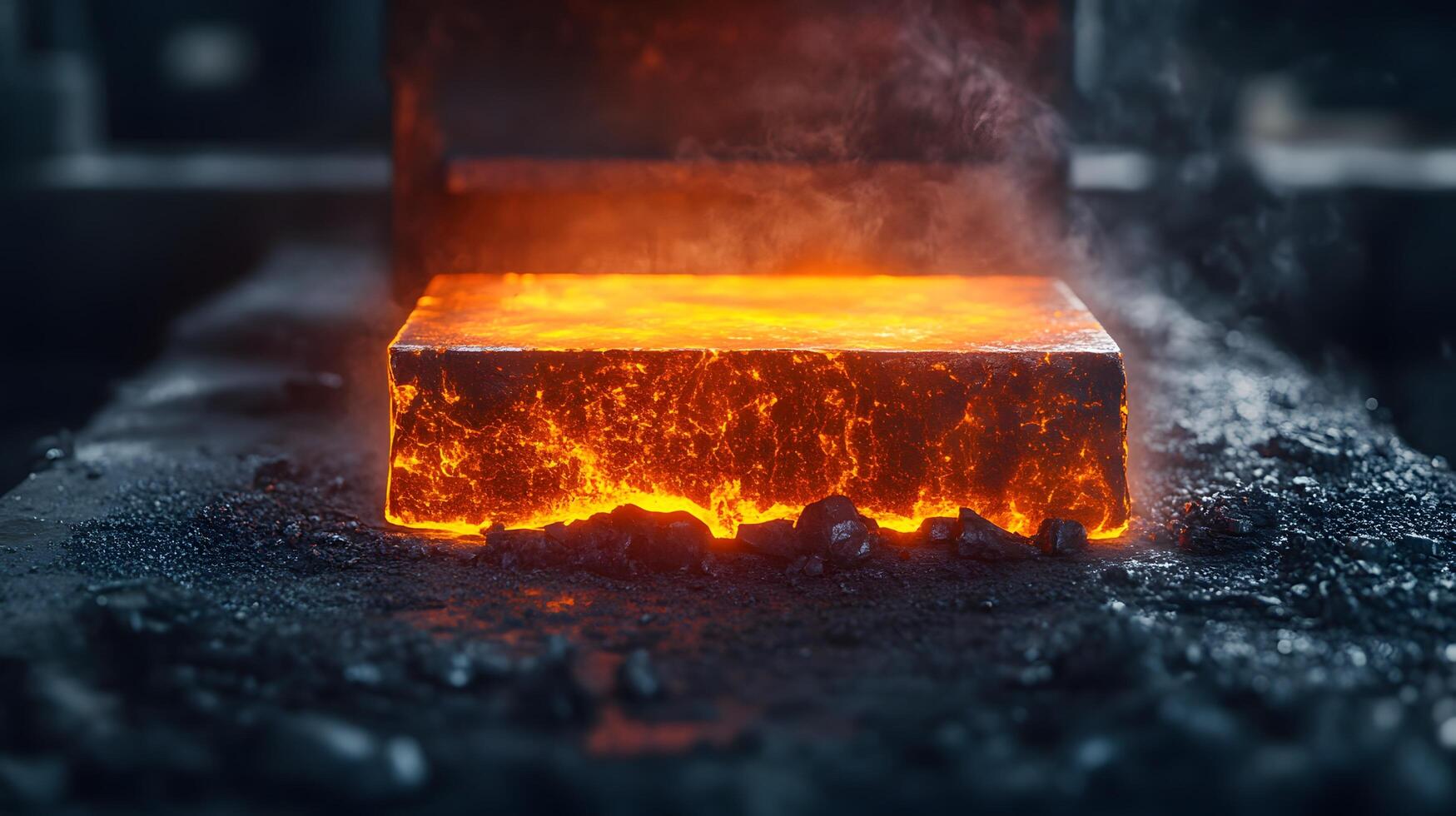 Molten steel processing showcases intense orange flames during industrial forging, capturing dramatic metalworking atmosphere in high-contrast environment. metal photo
