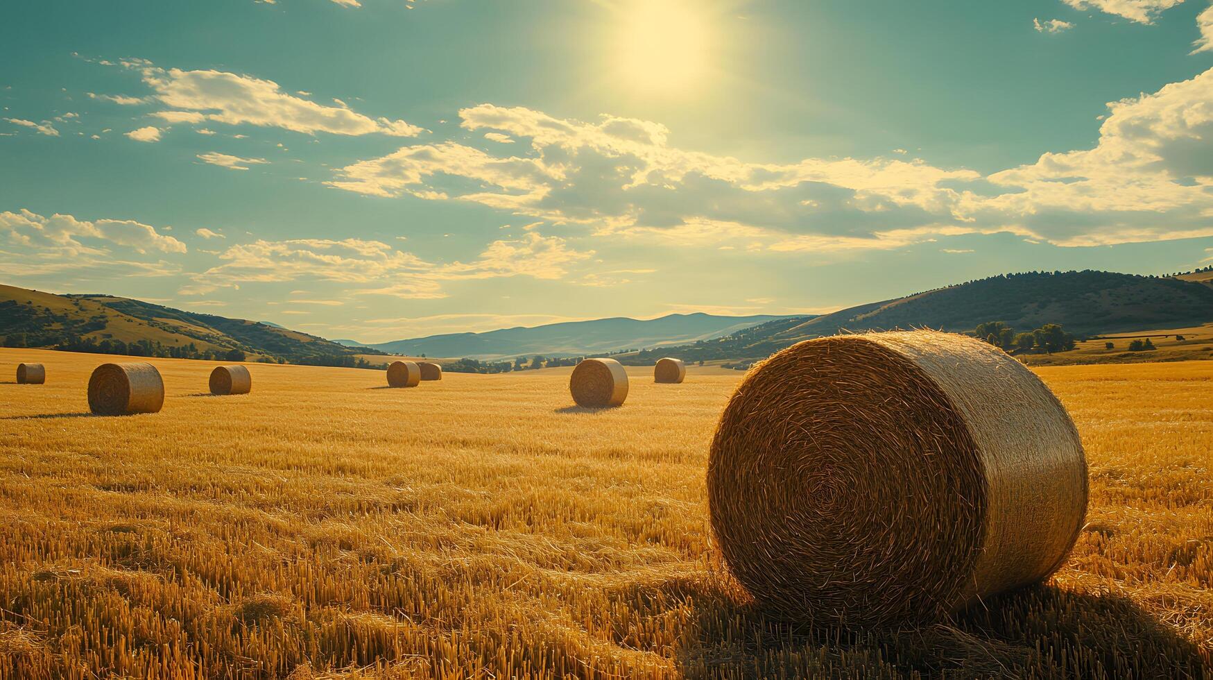 Round hay bales dot golden wheat field beneath vivid blue sky, capturing rural essence with bright sunlight rays piercing through scattered white clouds. farm photo